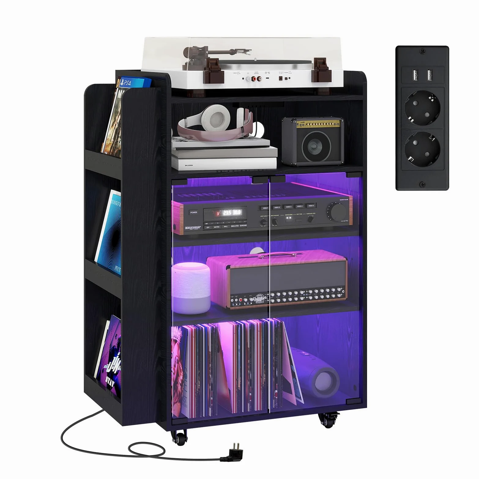 YU YUSING Vetrina Espositiva con LED per Vinili e CD, Mobile Espositivo con Porta Vinili a 5 Ripiani, Mobile Giradischi Porta CD, Presa di Corrente Integrata e Ruote, Giradischi, lettore DVD, Nero