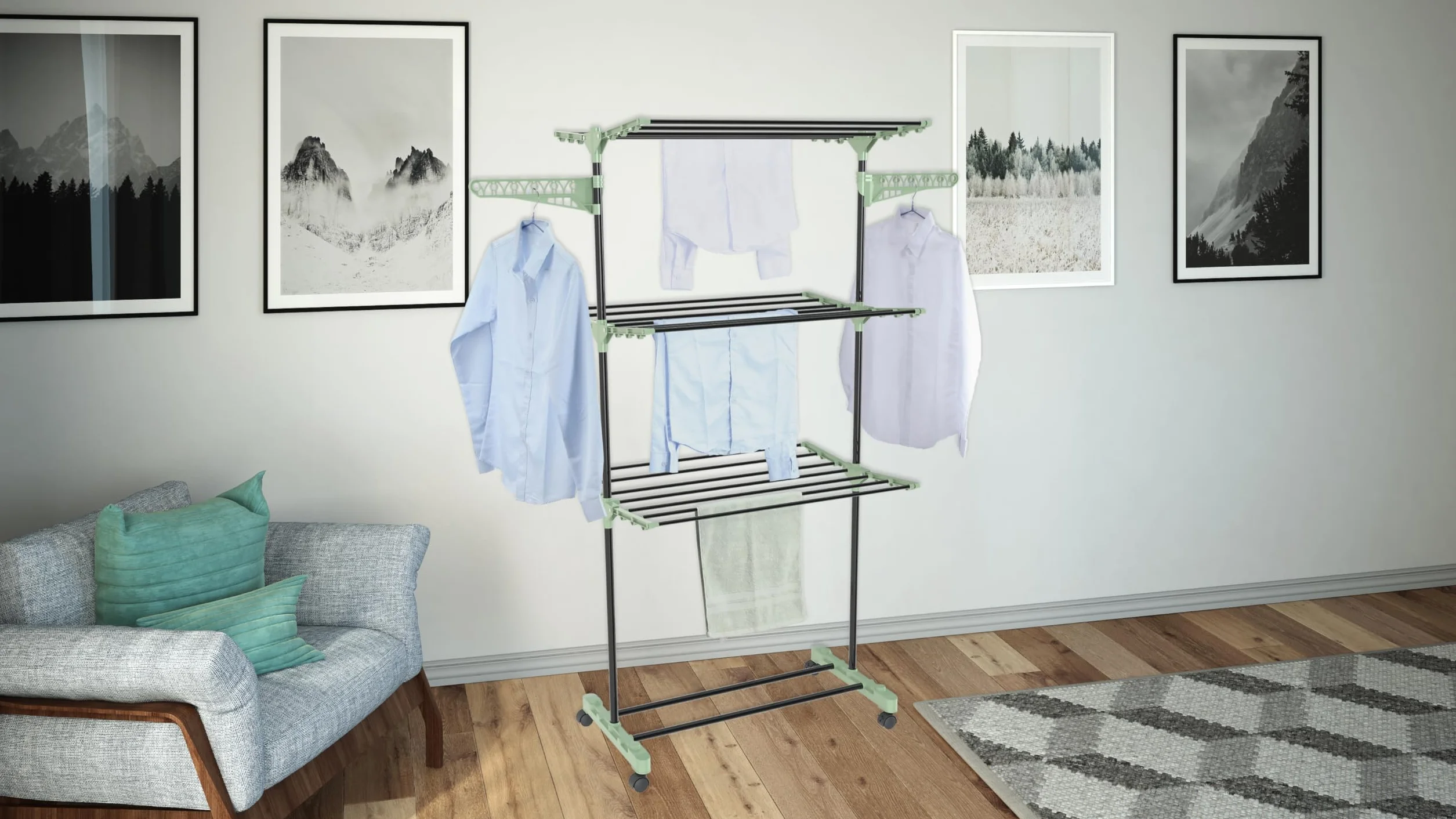 Colombo Stendibiancheria Verticale Cactus 3 Piani Acciaio Verniciato | Stendino Verticale con Ruote, Appendi Grucce e Gancetti Porta Calze, Antiruggine | 16 Metri di Stenditura | Nero