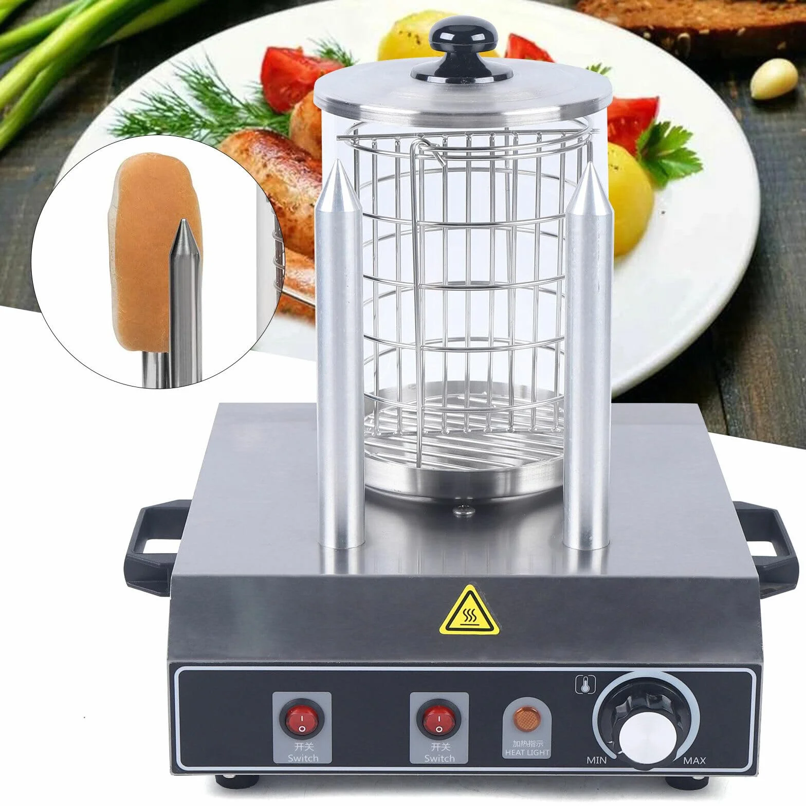 Riscaldatore Salsicce Elettrico Hot-Dog Macchina Professionale Con 2 Spiedini Riscaldanti Ristorante Per Salsicce Panini Elettrodomestici