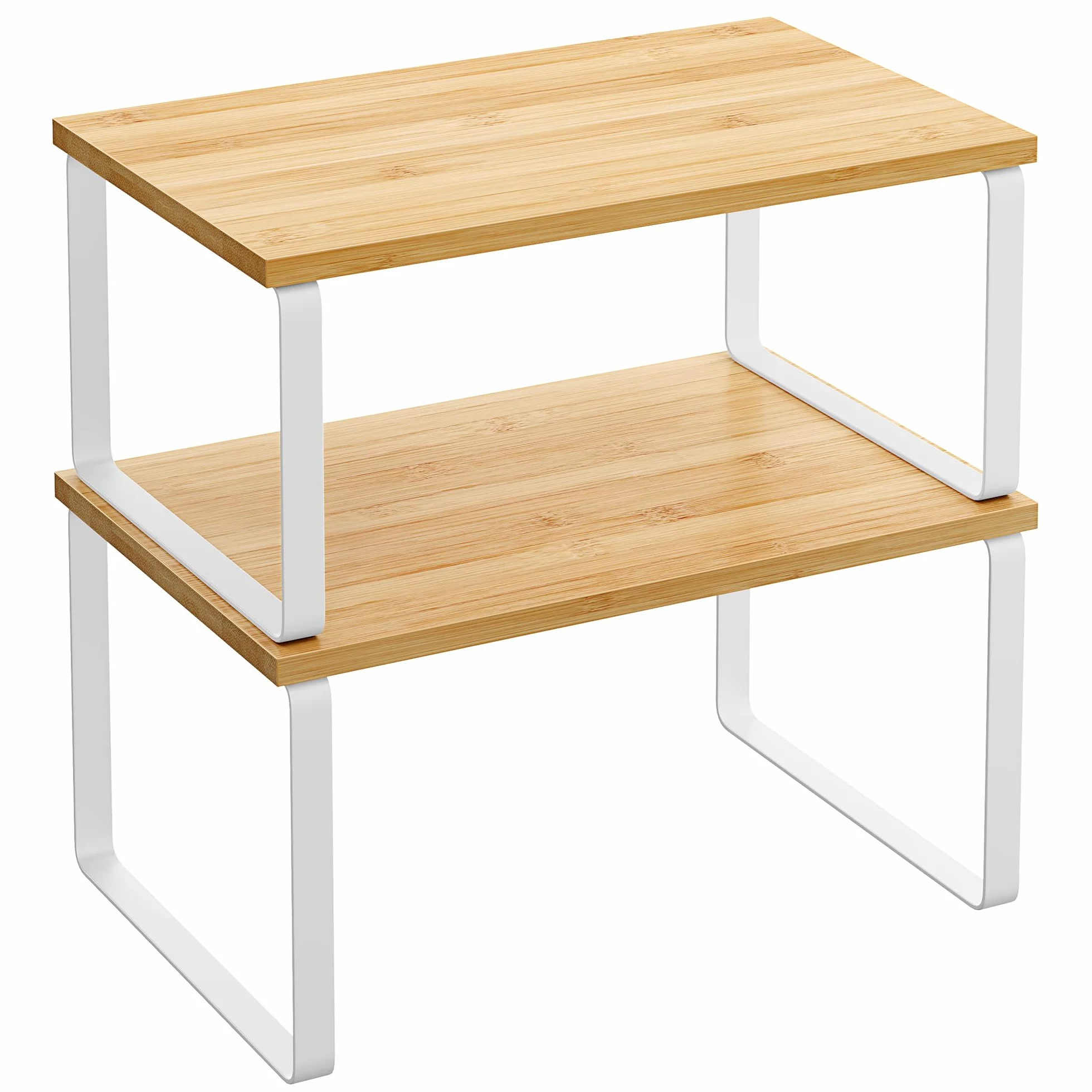 SONGMICS Scaffale Portaspezie, Set di 2 Organizzatori da Cucina Espandibili, Impilabile, Metallo e Legno, Bianco e Beige KCS02NW