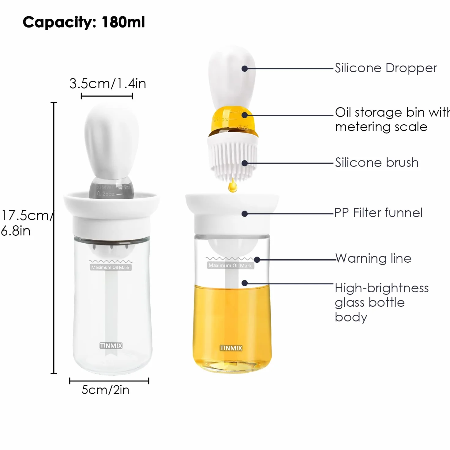 Dispenser di olio con spazzola per barbecue, contenitore per olio e dispenser e spazzola in silicone per cucina, barbecue, grigliate, cottura e cottura TOB21 TOB21S (Ob21s-grigio)