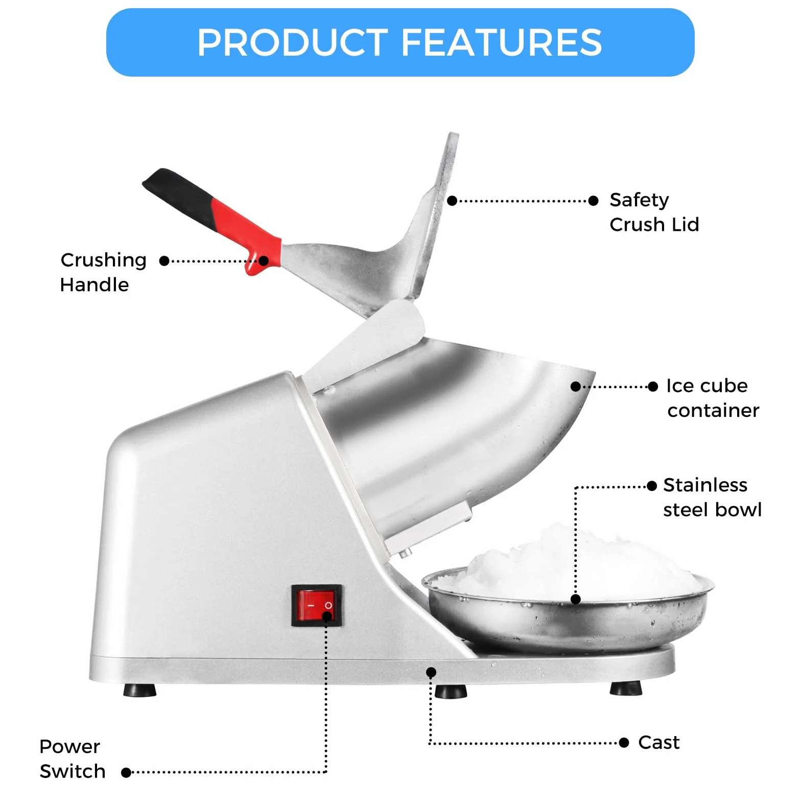 LEEVOT Tritaghiaccio Elettrico a Doppia Lama 380 W Macchina per Cono di Neve 2200 Giri/min Macchina per Ghiaccio tritato Commerciale Domestica 85 kg/H in Acciaio Inossidabile per ristoranti, Bar