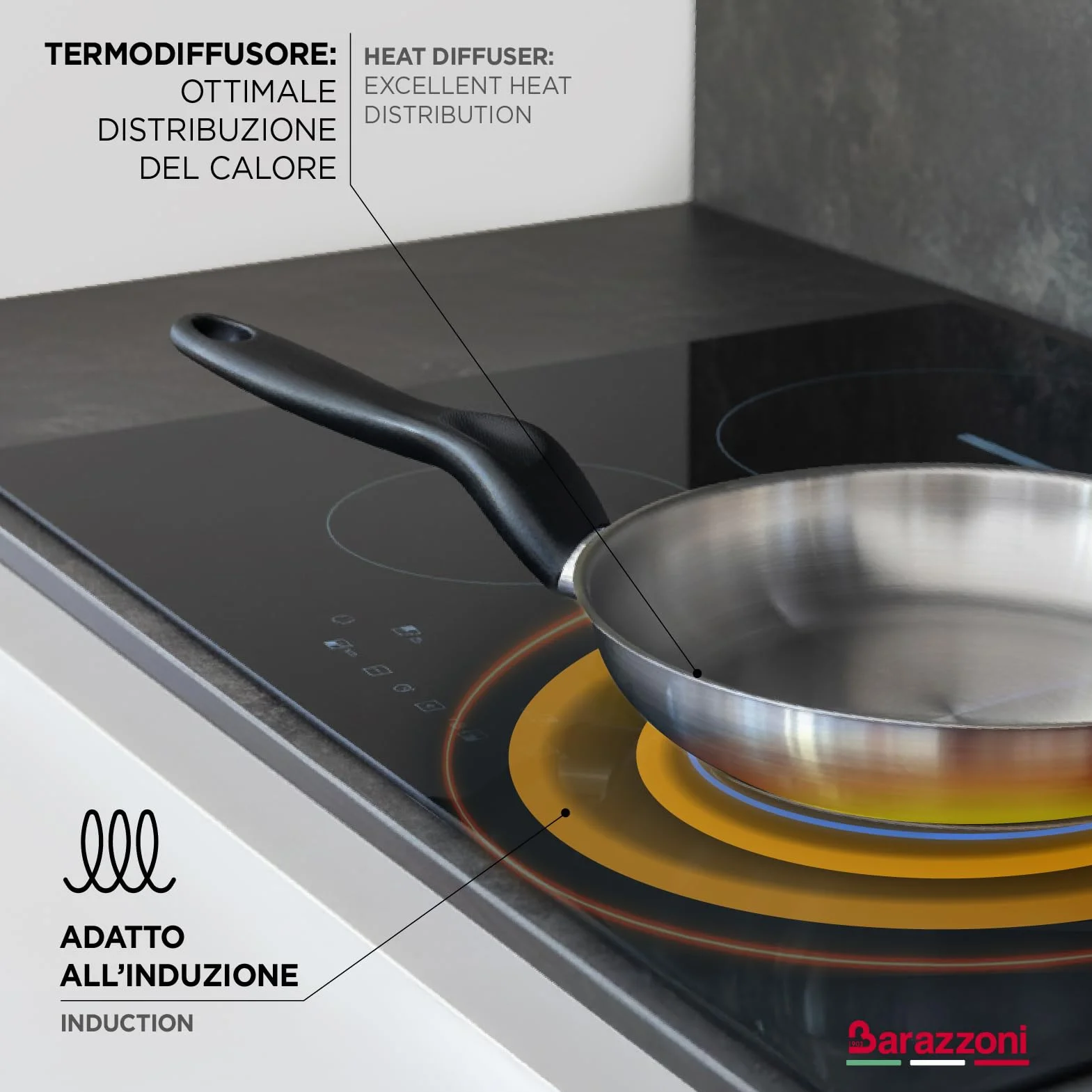 Barazzoni Le Inoxidabili Padella 24 cm Acciaio Inox 18/10 Induzione Gas Triplo fondo PFAS free
