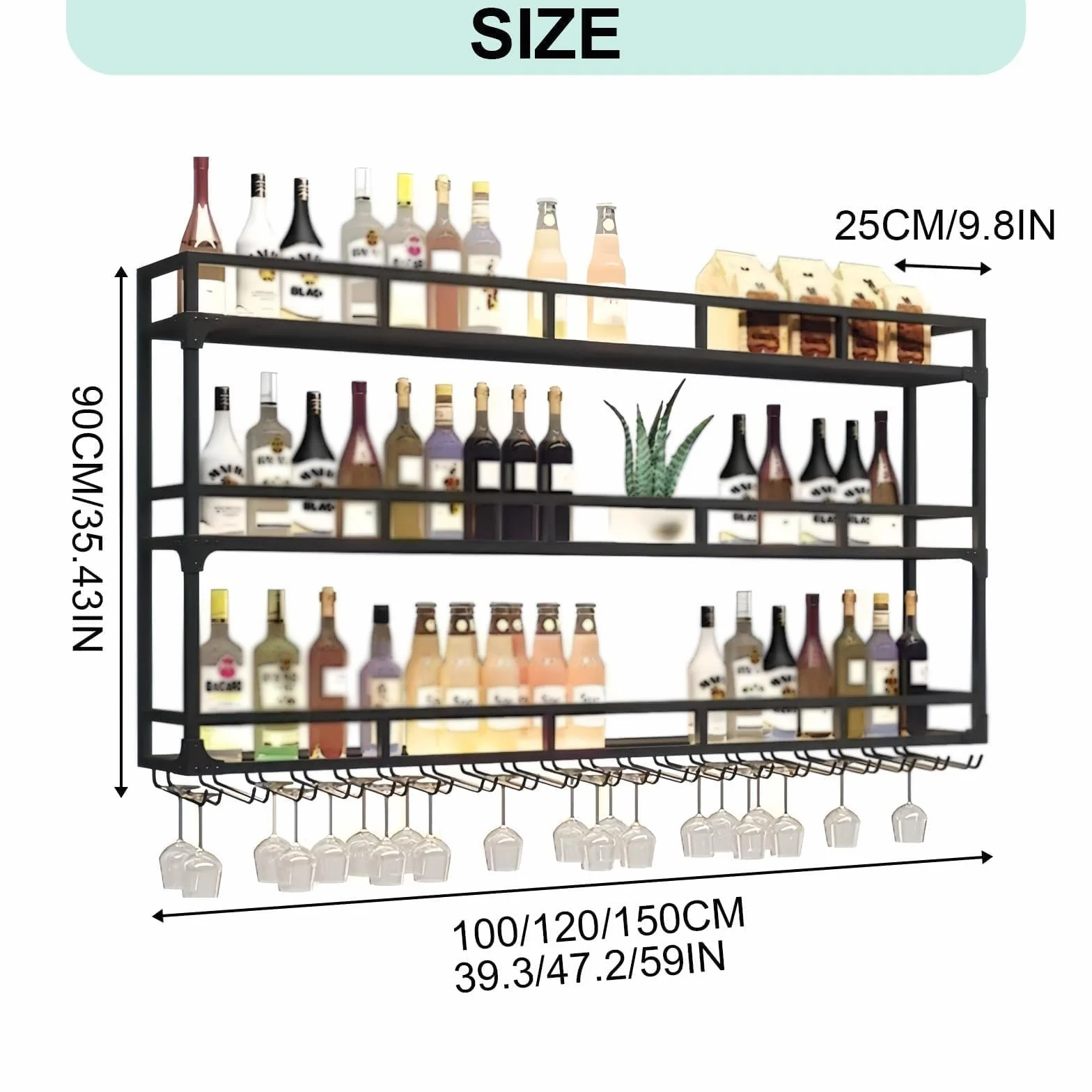 PortabottiglieDa Vino, Portabottiglie Da Parete Con Ripiano Espositivo, 3 Livelli Portabottiglie Da Vino A Parete Per Casa, Bar, Ristorante (BLACK, 100 * 25 * 90CM)