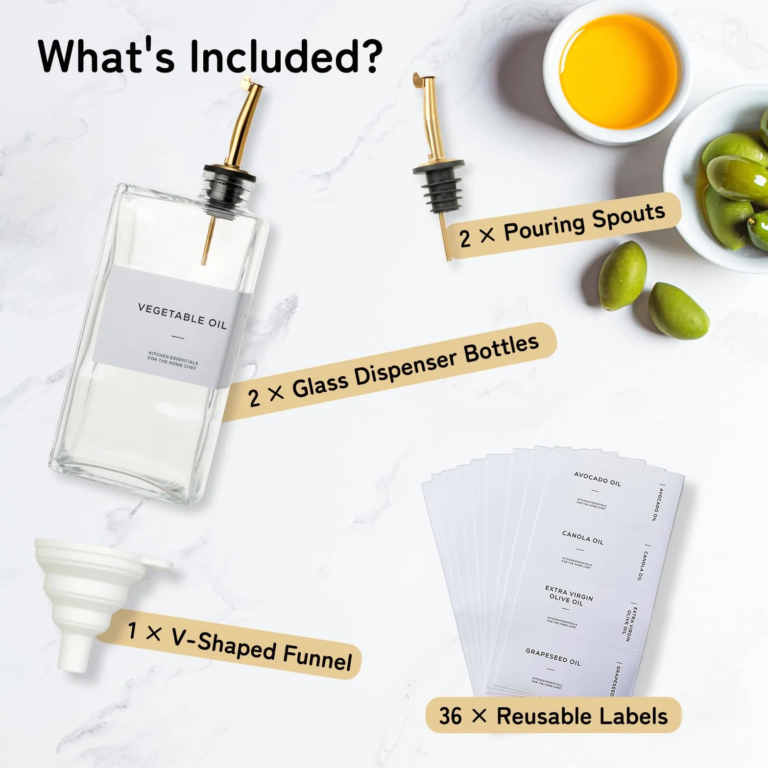 VINATO 2 Pezzi Porta Olio Set, 500ml Oliera Vetro Con Beccuccio, Imbuto1, Etichette36 Per Olio E Aceto, Bottiglia Olio Per Cucina, Caffè E Bar