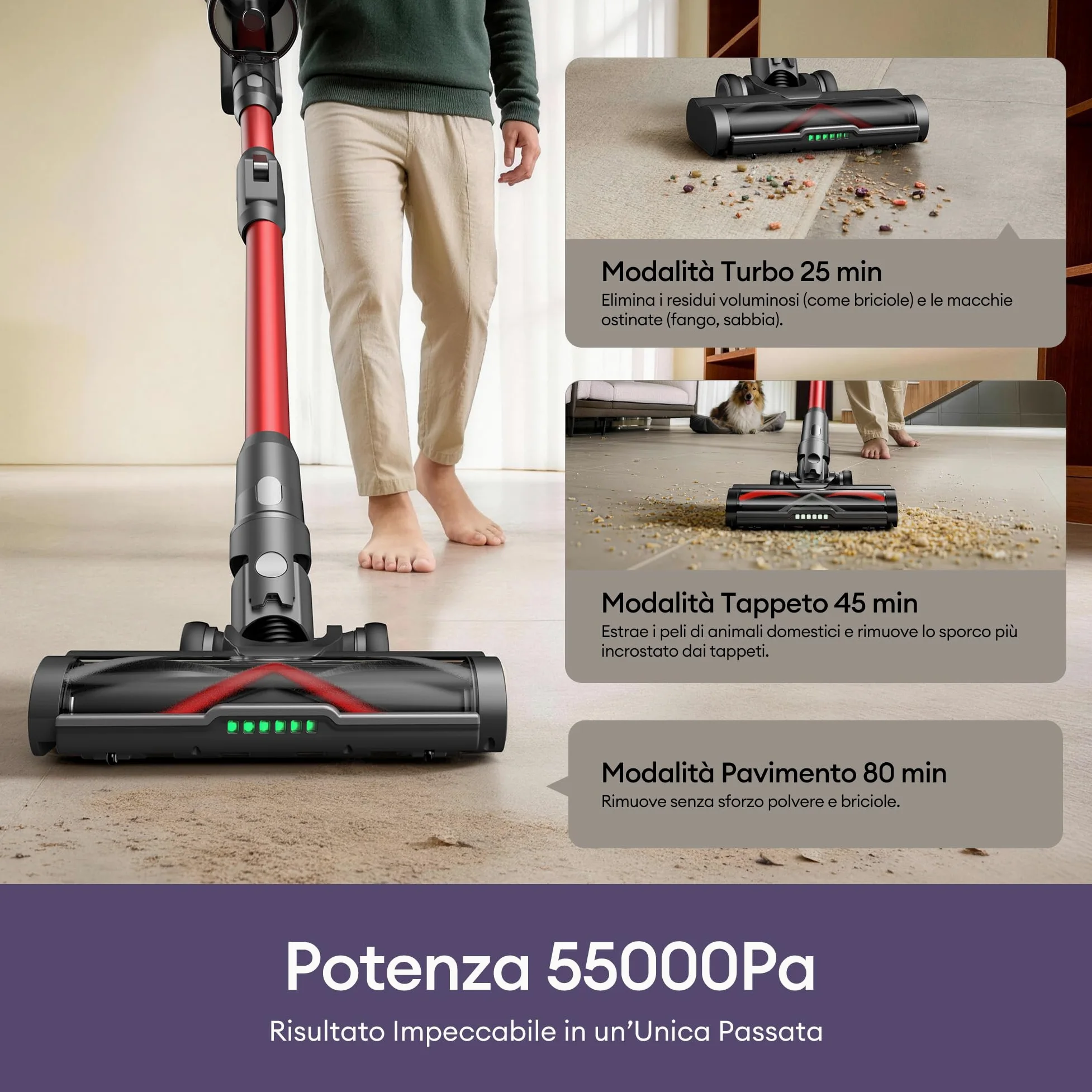 Ultenic 55Kpa/80Min Aspirapolvere Senza Fili U18, Scopa Elettrica Senza Fili Potente con Tubo Pieghevole, Filtrazione Multi-Cono,Display Intelligente, Anti-Groviglio per Peli Animali/Pavimenti/Tappeti
