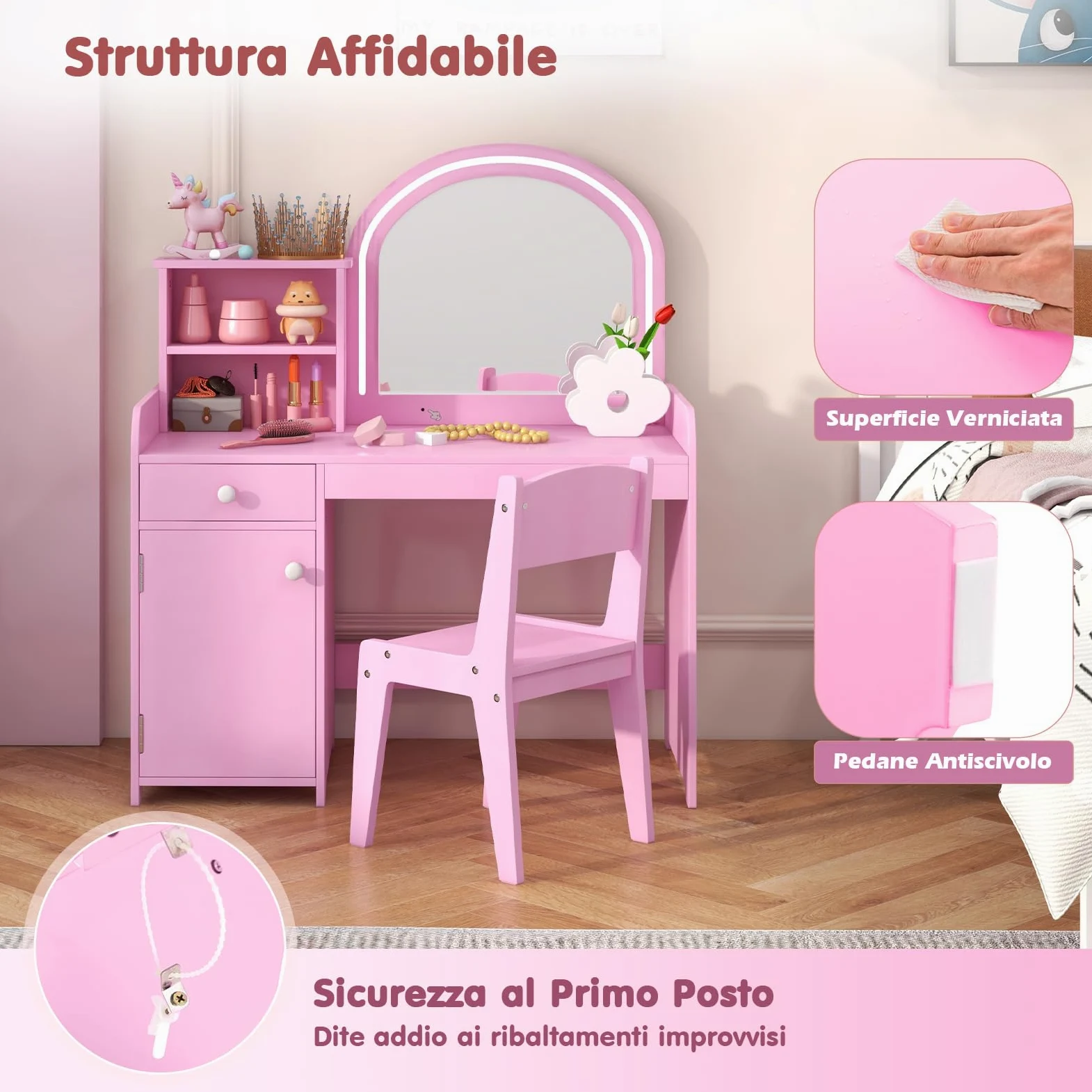 RELAX4LIFE Toeletta Trucco per Bambina con Luci LED, 2 Colori, Specchiera Trucco con Sgabello, Mensole e Cassetto, Toeletta in Legno, per Bambini 3+ Anni (Rosa, L)