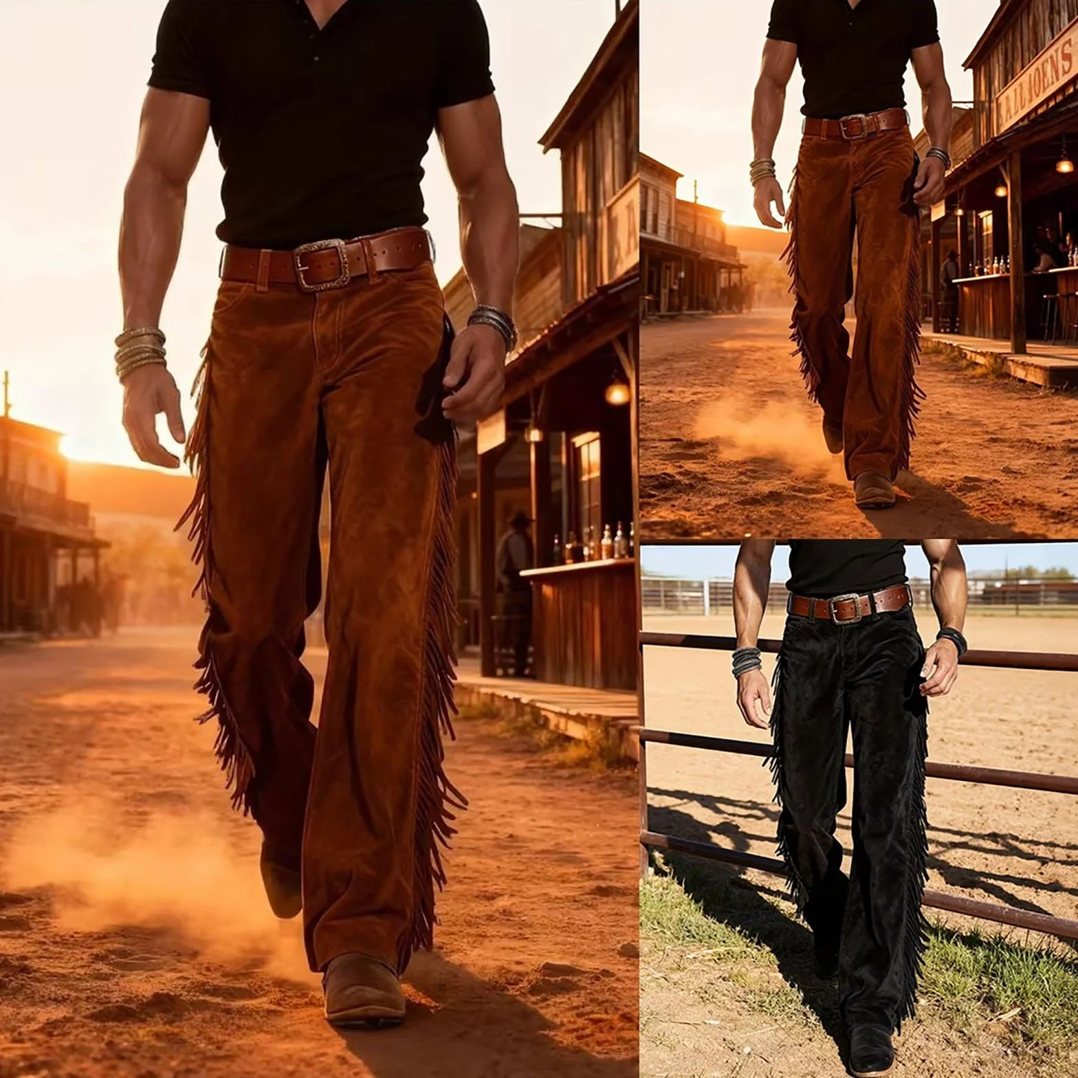 Cowboy Pantaloni da uomo Western Hippie con frange in pelle scamosciata a vita alta elasticizzata