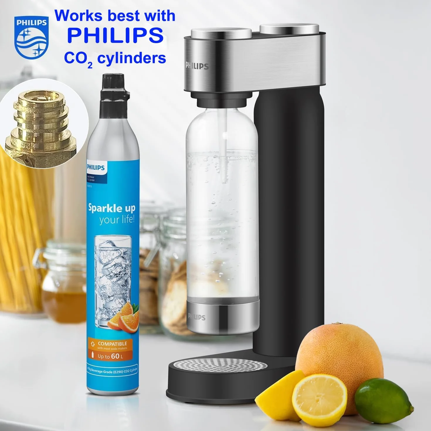 Philips Macchina per acqua frizzante in acciaio inox 1L PET compatibile carbonatore CO2 60L vite