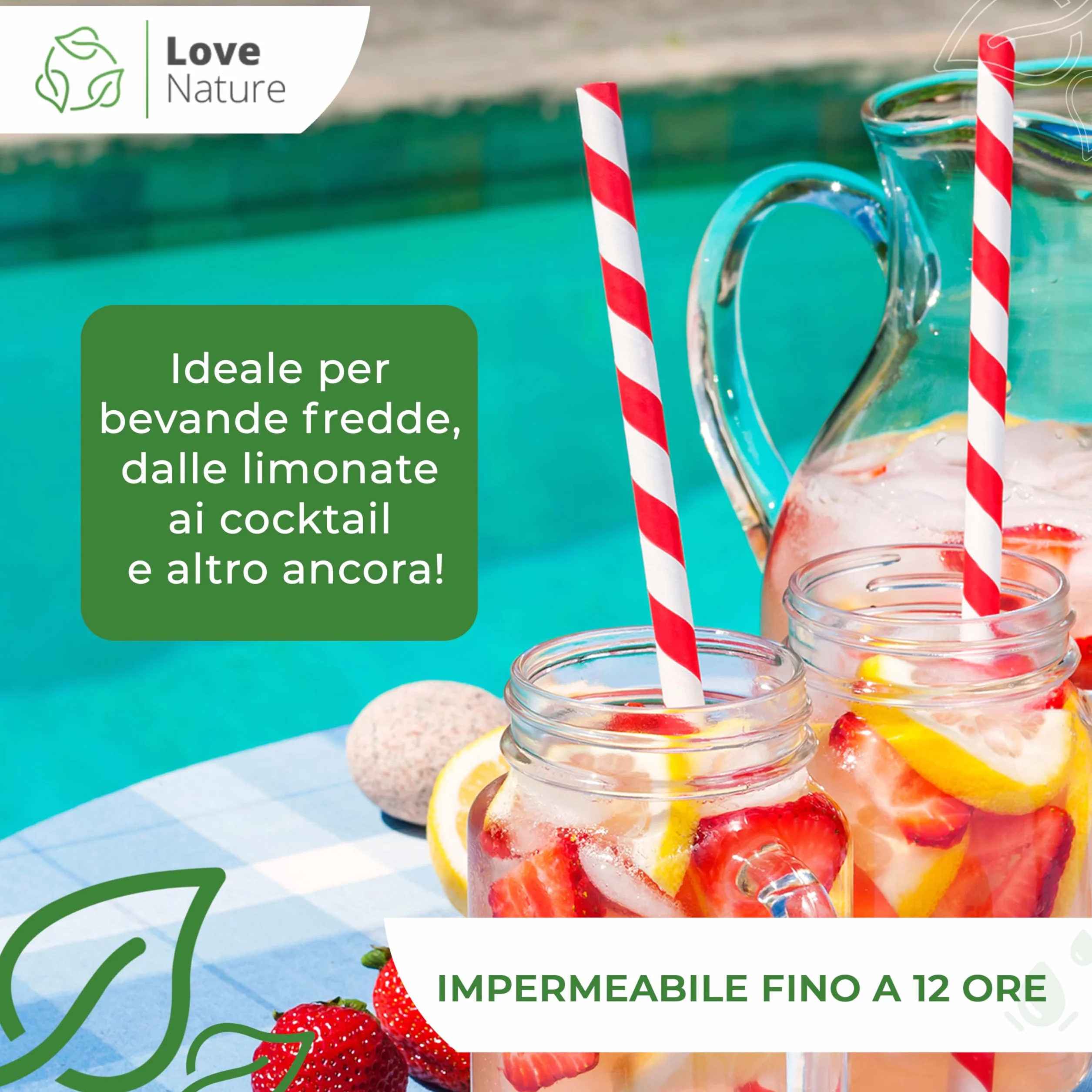 Love Nature Cannucce Cocktail 100 Pezzi - Cannucce Carta Bianco e Rosso - Cannuccia Ecologico
