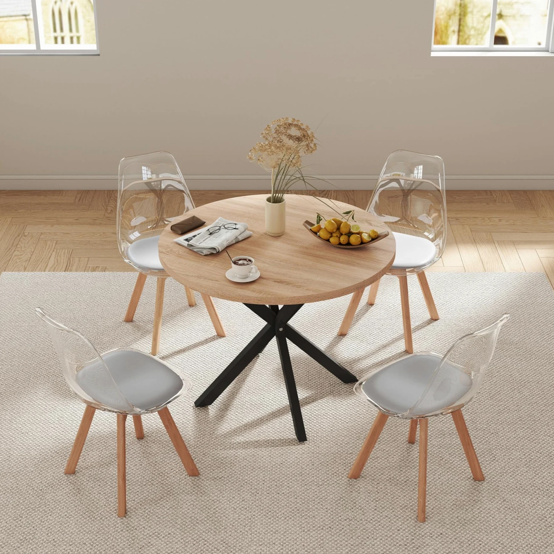GrandCA HOME Tavolo da Pranzo con 4 Sedie, Tavolo da Pranzo Rotondo da 100 CM, Sedia da Cucina Imbottita Trasparente, Set Tavolo da Pranzo e Sedie (Chiaro + Grigio)