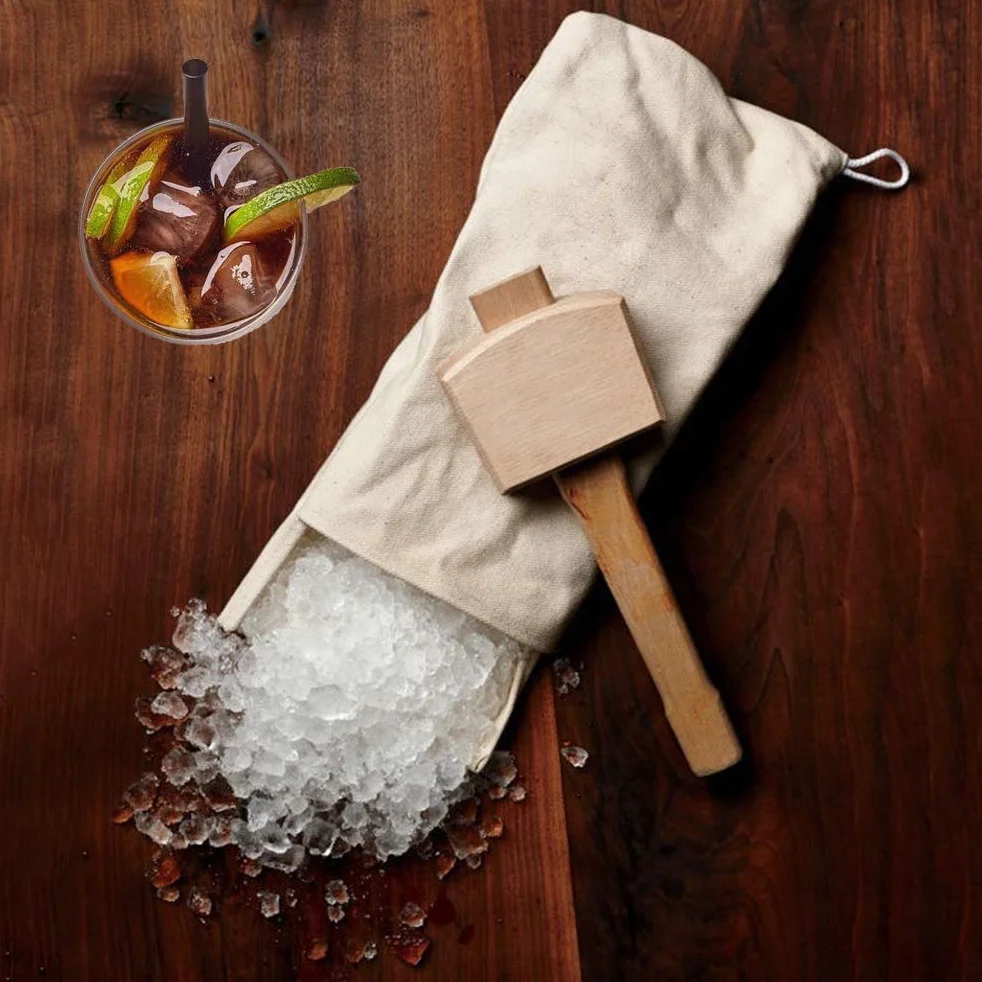 Lewis Bag and Manual Rompighiaccio, borsa per ghiaccio riutilizzabile in cotone con accessori in legno Bar Kitchen Accessory Kit per Crushes Ice Dried Ice. (2 pezzi)