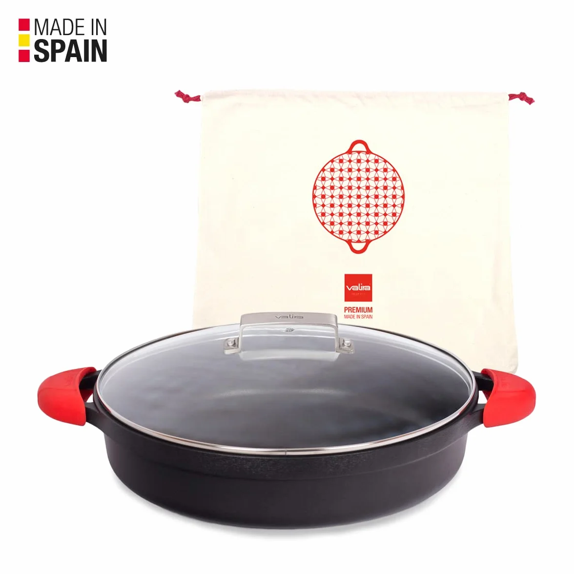 Valira Cazuelas Casseruola Bassa Premium 32 cm z Patelnią Antypaleniem, Wzmocniony Alumin, Odporny na Indukcję z Pokrywką i Uchwyty