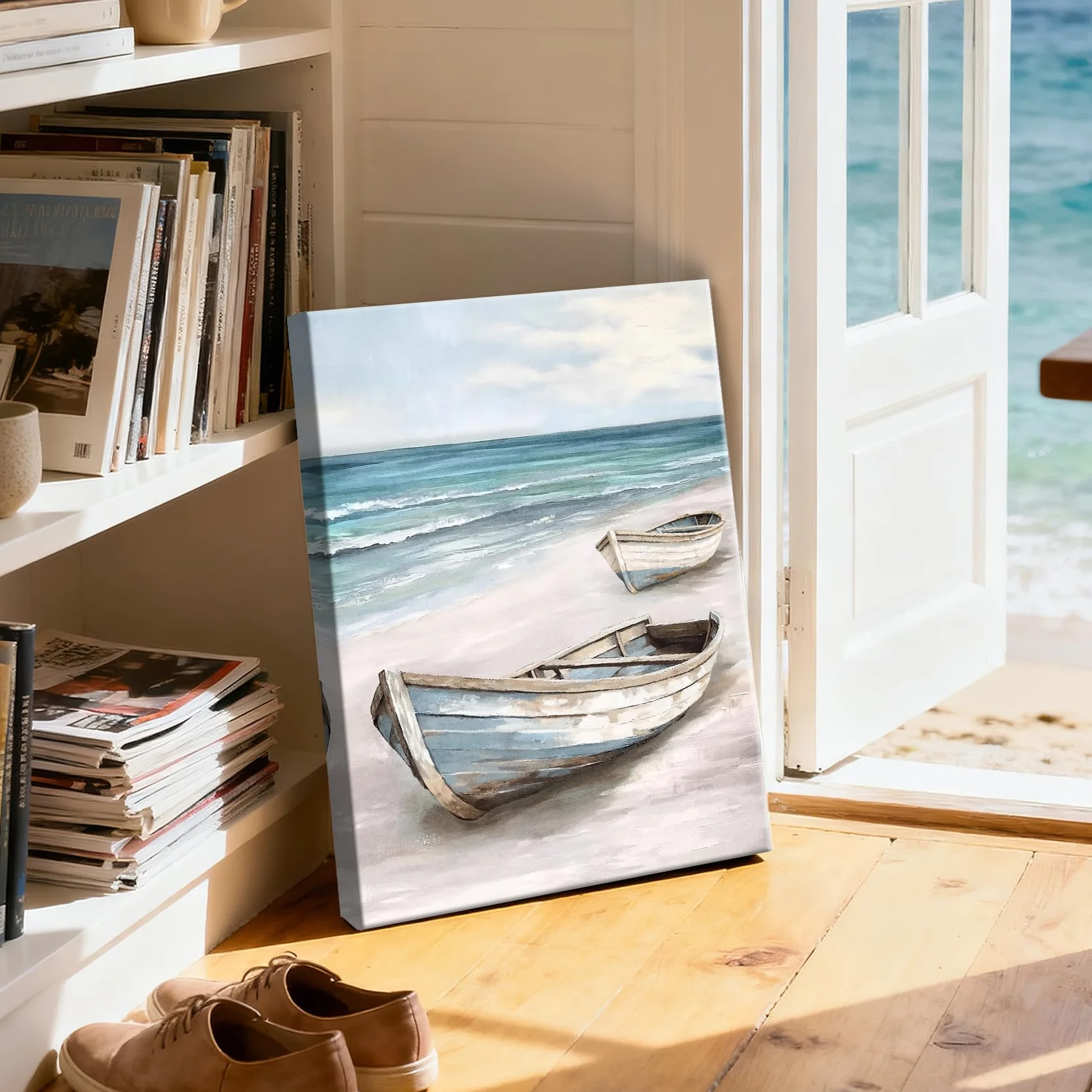 Barca Blu Bianco Mare Quadri Moderni Stampa su Tela Cornice Spiaggia Costiera Pittura Quadretti Parete 30x40cm