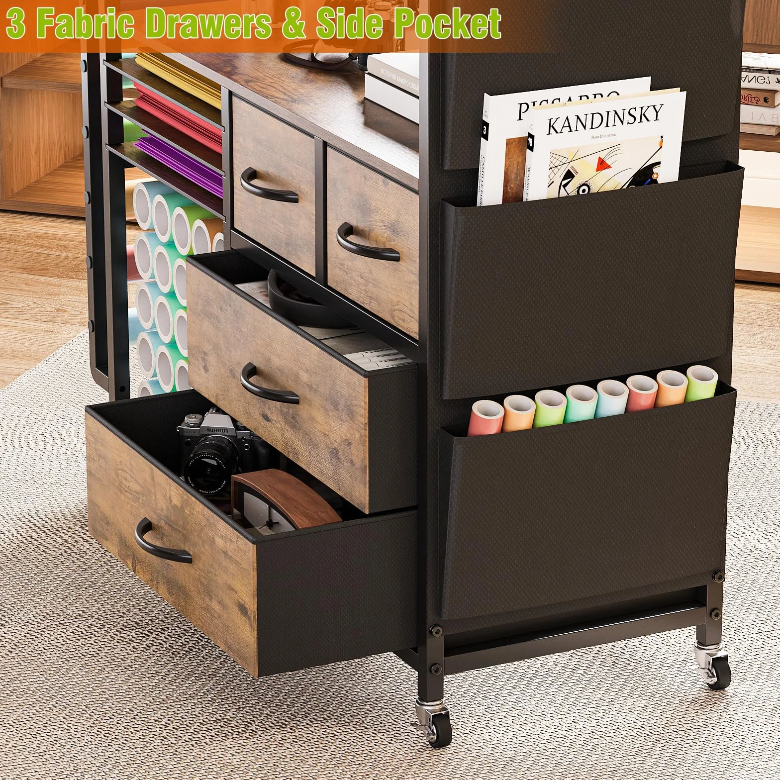 VEDECASA Grande organizer per bricolage, compatibile con macchine Cricut, cassetti in tessuto e porta rotolo in vinile, carrello mobile per la stanza del fai da te (marrone)