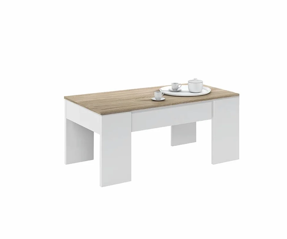 Habitdesign 0F1640A - Tavolino da salotto Low Cost, tavolo da pranzo colore Rovere Canadese - Bianco Artik, misura 100 cm (lunghezza) x 45-56 cm (altezza) x 50 cm (profondità)