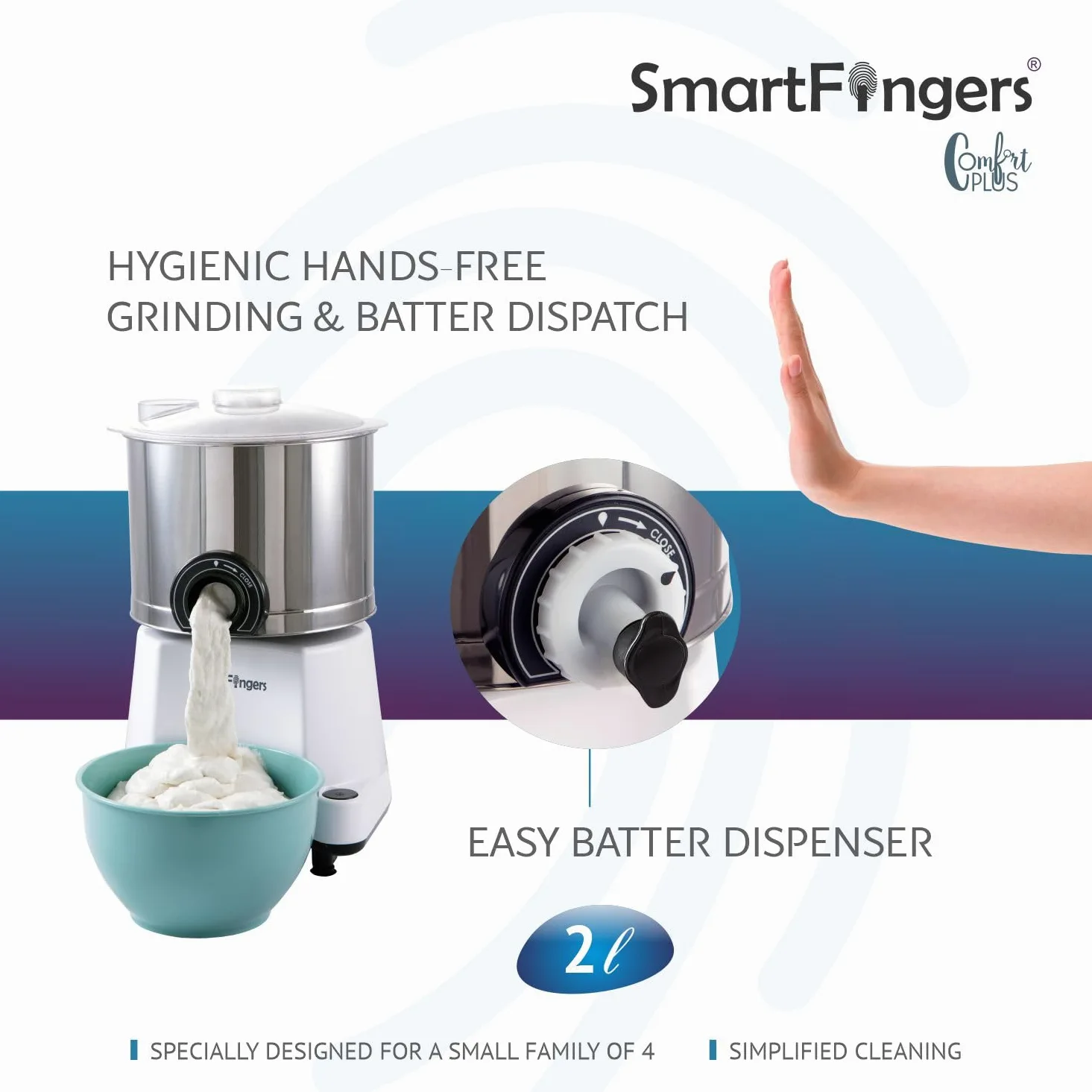 SmartFingers Comfort Plus, macinino a umido da 2 l, bianco, 150 W, 3 velocità, acciaio inossidabile
