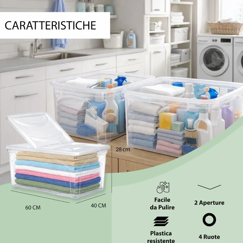 Plastikowy Pojemnik 3-częściowy 60x40x28 cm z Pokrywą i Kółkami