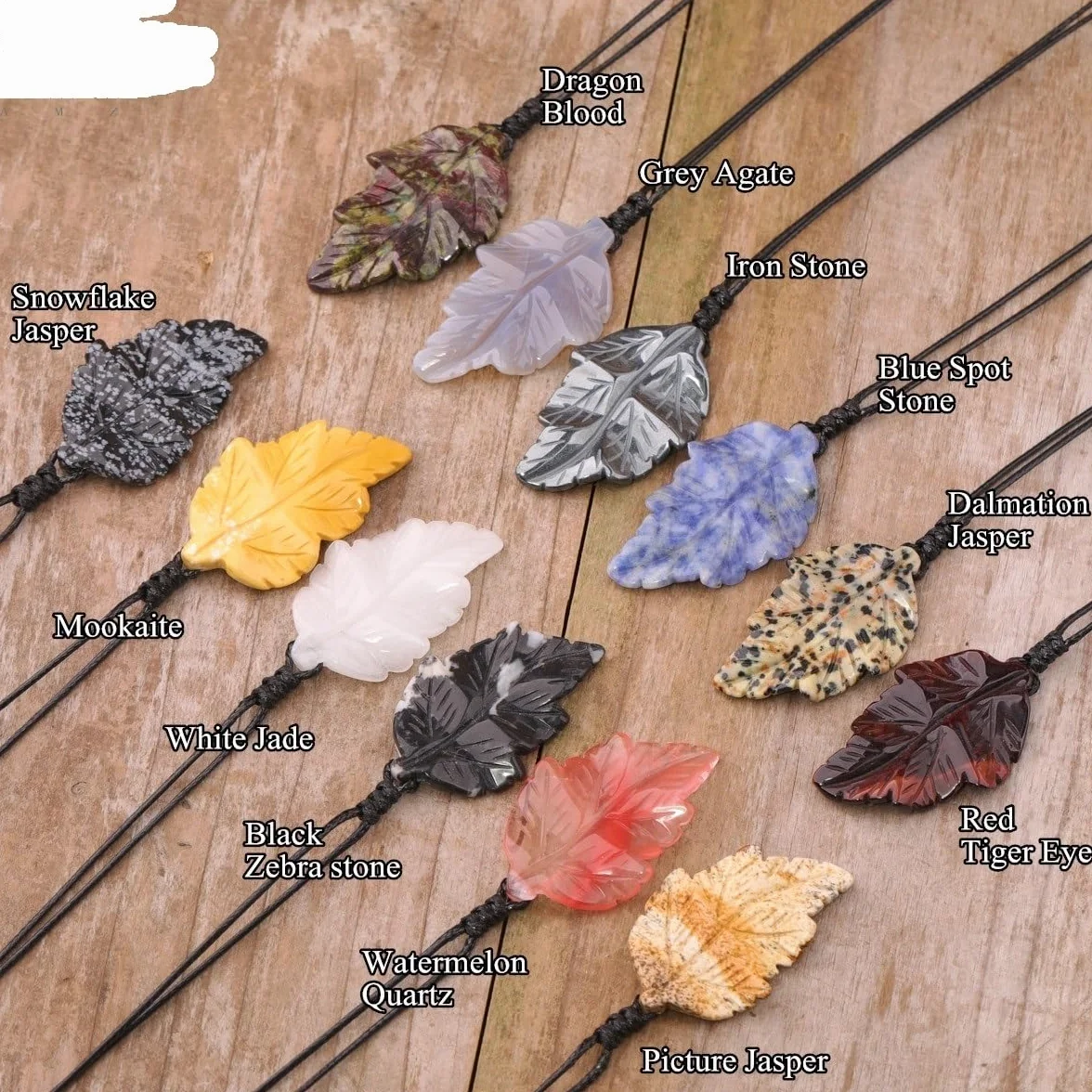 Collana con ciondolo in pietra con gemme a forma di foglia for collana in pelle con cristallo di quarzo da donna Regali di gioielli fatti a mano for matrimoni di compleanno di lusso ( Color : Unakite