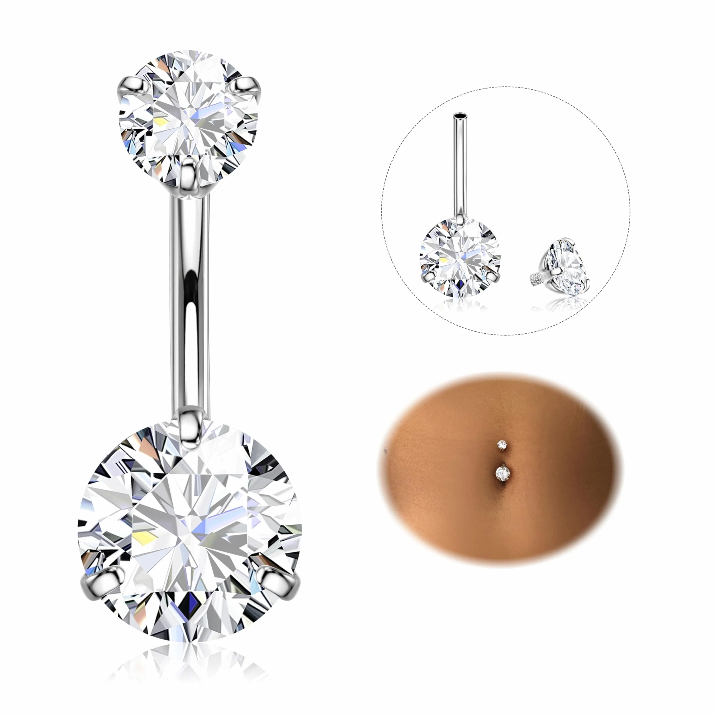 Piercing Ombelico 316L Acciaio Chirurgico Anello 14G CZ Barra Lungo Barbell Ventre 8-16mm Donna Uomo