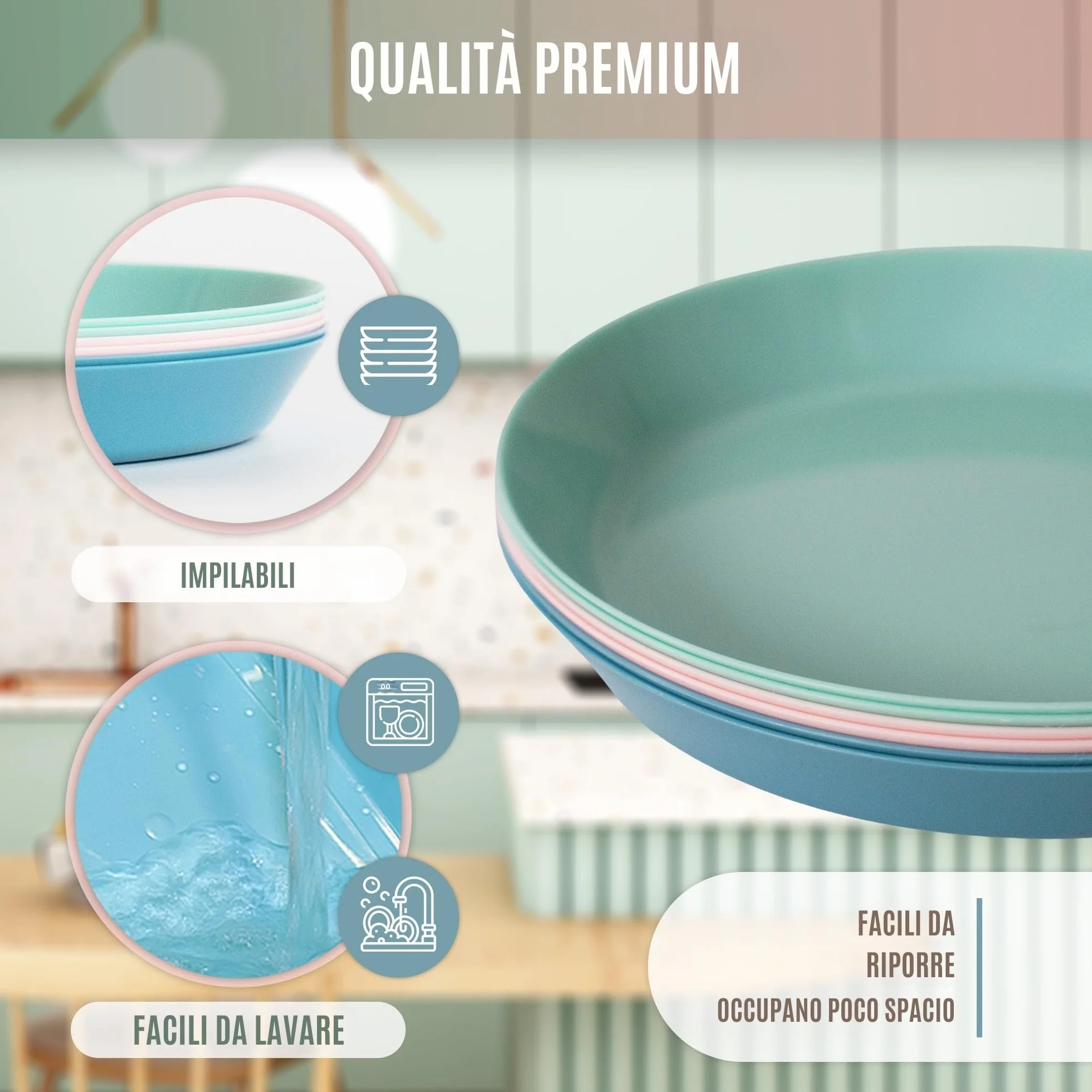 Piatti Plastica Rigida Lavabili 6 Pezzi Pastello per Campeggio Feste Microonde Lavastoviglie
