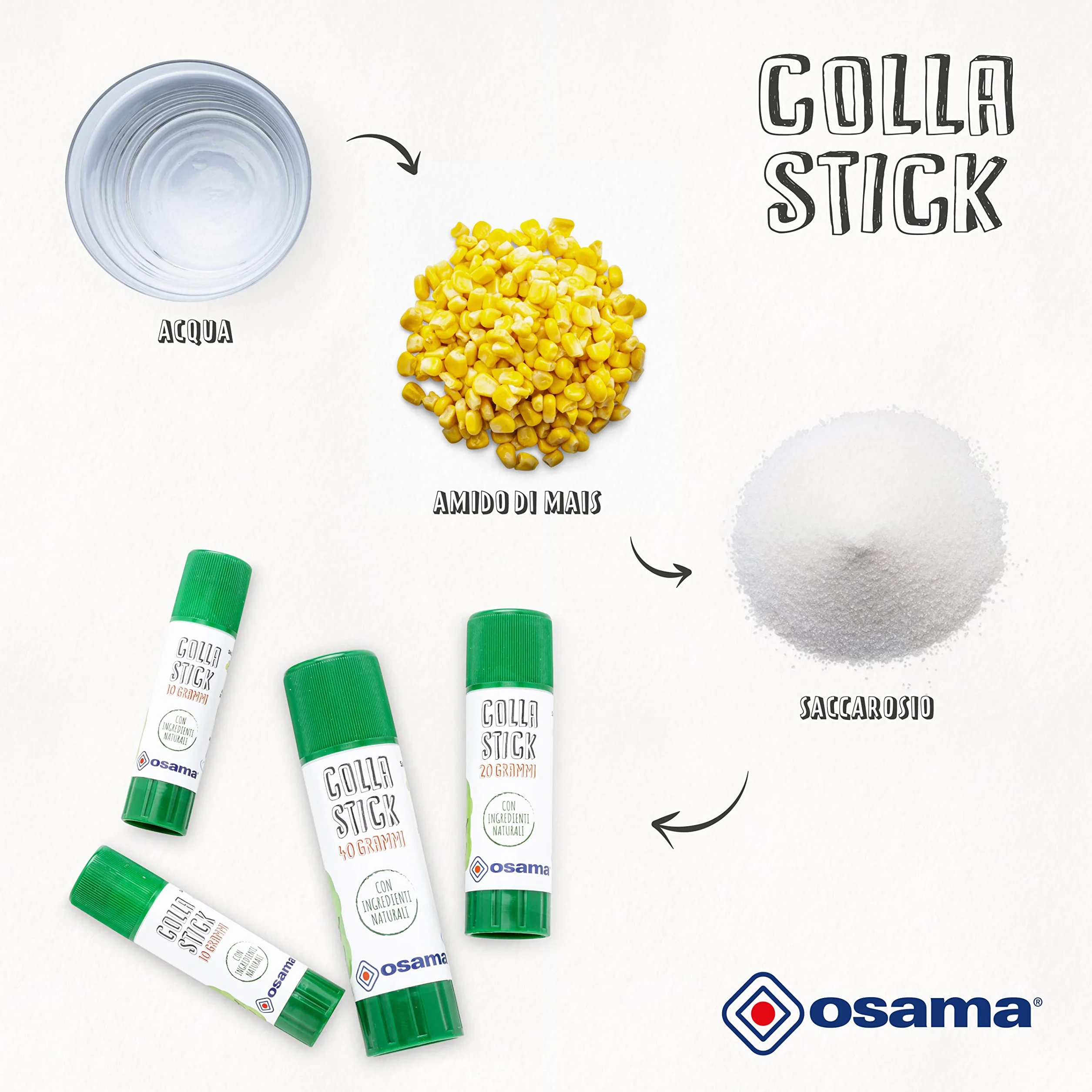 Osama - Colla Stick Extra Forte, Box da 30 Pezzi, 10 gr - Set Colle Stick Ideale per Cancelleria Scuola, Ufficio e Università - Scorrevole, Resistente e Adatta ai Bambini, con Ingredienti Naturali