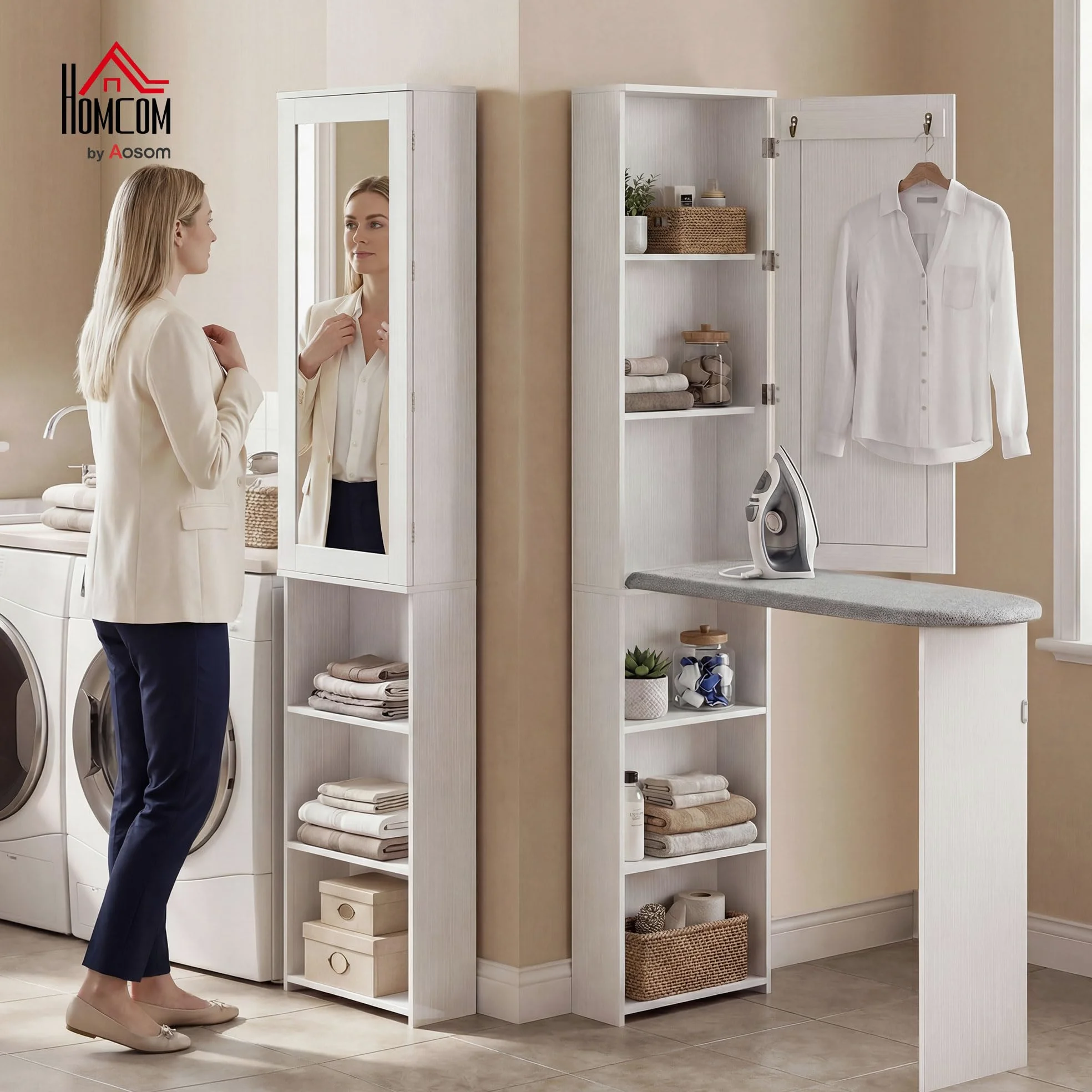 HOMCOM Armadietto pieghevole per asse da stiro con porta, scaffali interni, specchio, salvaspazio, per la cura della biancheria, per lavanderia o piccoli spazi, 106 x 35 x 174 cm, bianco
