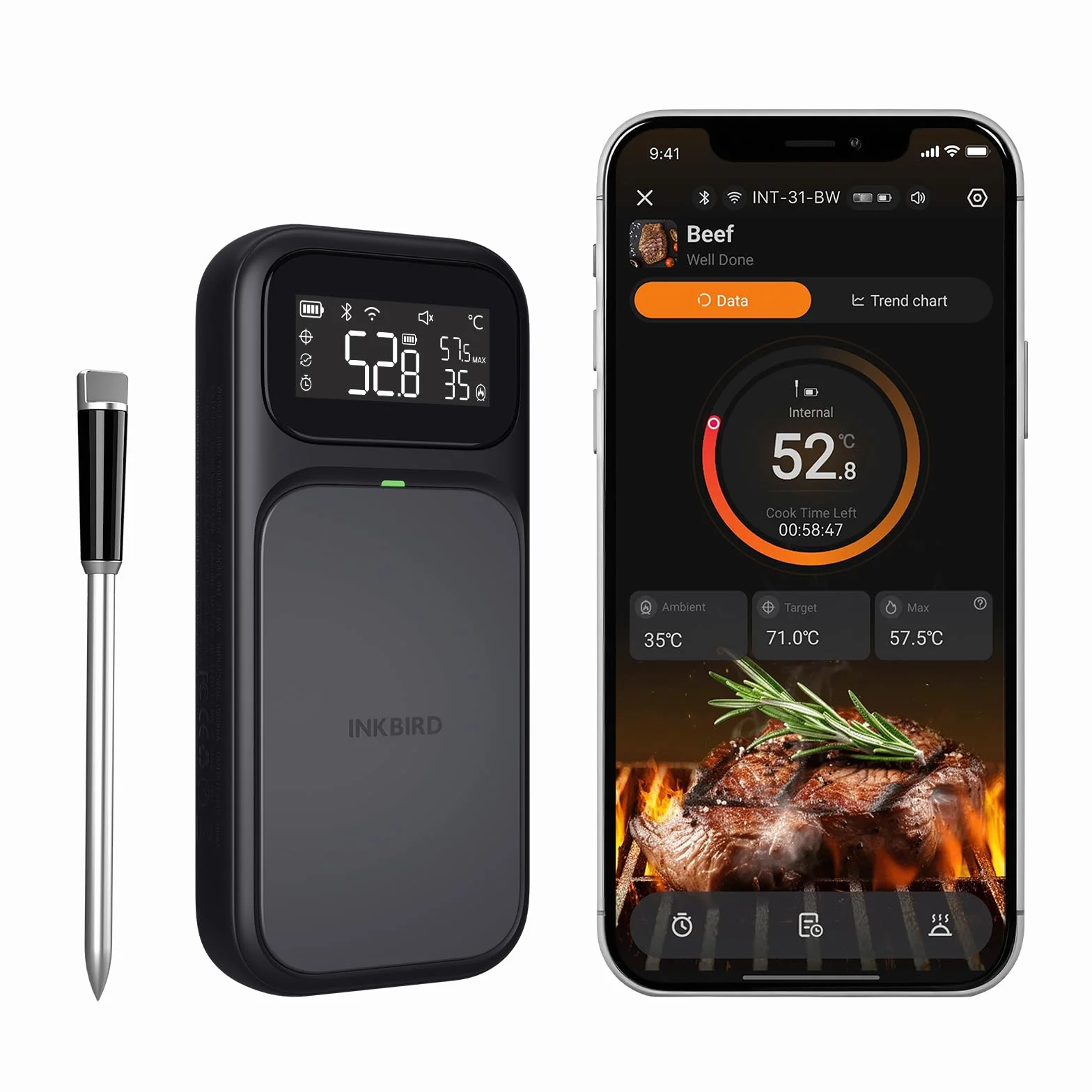 INKBIRD Termometro per Carne con Connessione Duale WiFi 5G e Bluetooth 5.4,Sonda Multi-sensore,Allarmi Temperatura e Indicatore di Cottura