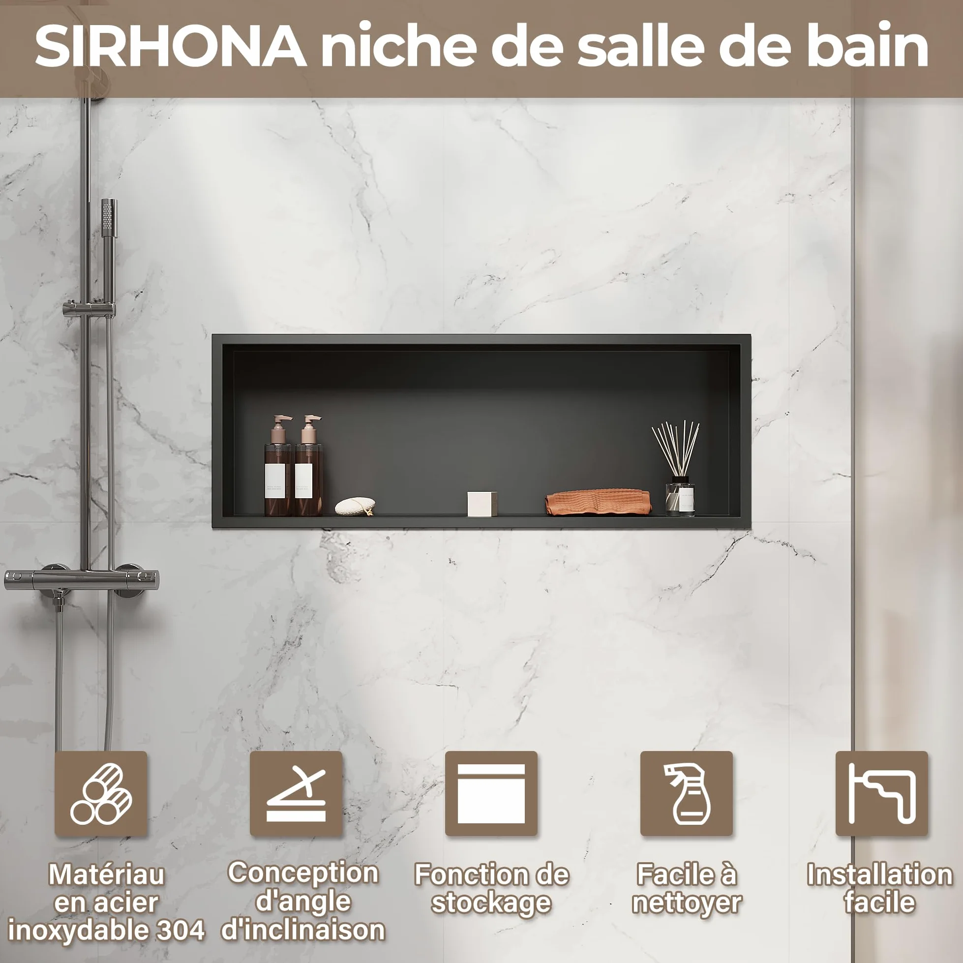 SIRHONA Nicchia da bagno, cuccia da doccia a incasso in acciaio inox, elementi di stoccaggio per la doccia in bagno, 90 x 30 cm, colore: Nero