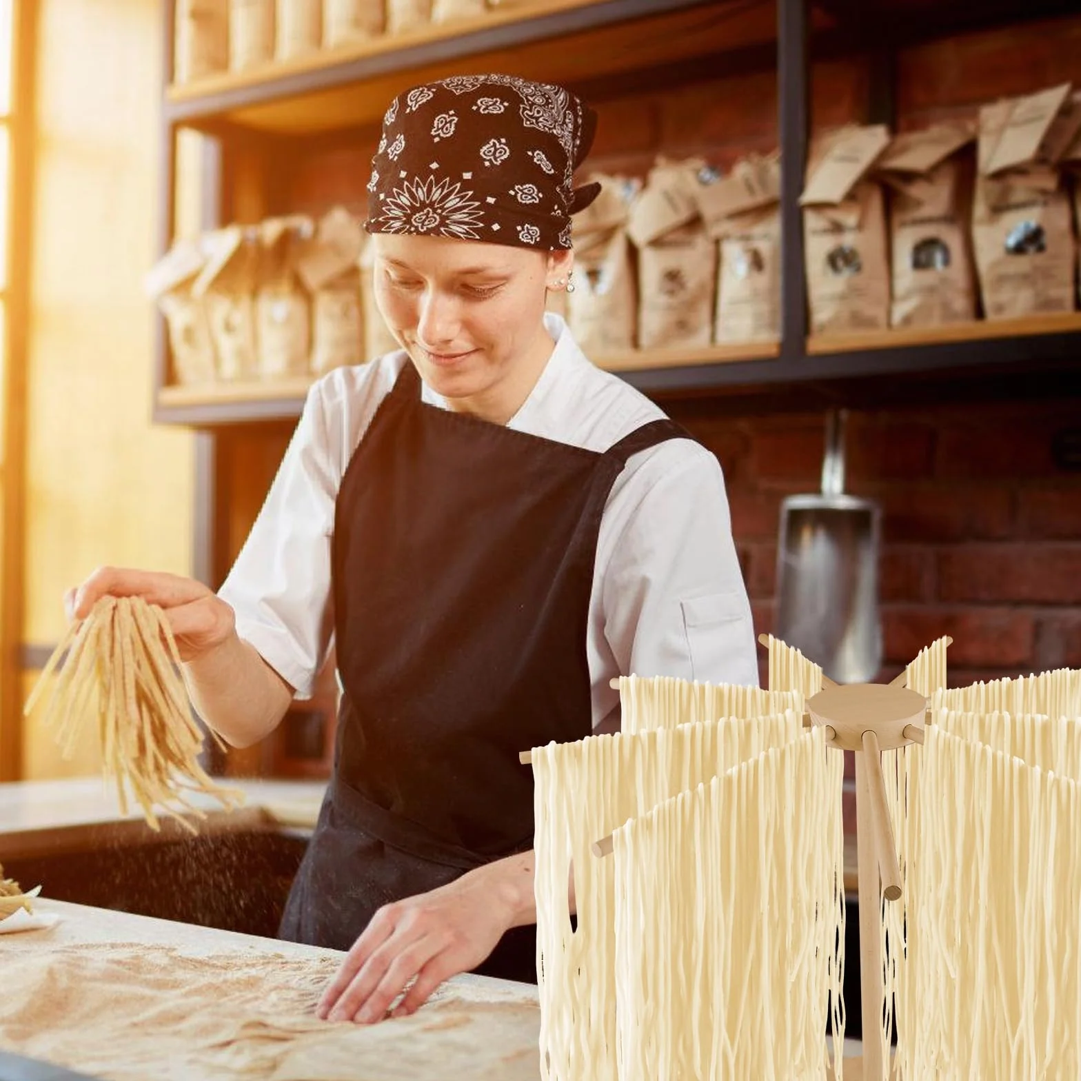 Stendino per la pasta in legno: Stendino per pasta pieghevole in legno con 9 bracci rimovibili per fino a 4,5 kg, supporto per pasta riutilizzabile e versatile con base pieghevole per pasta