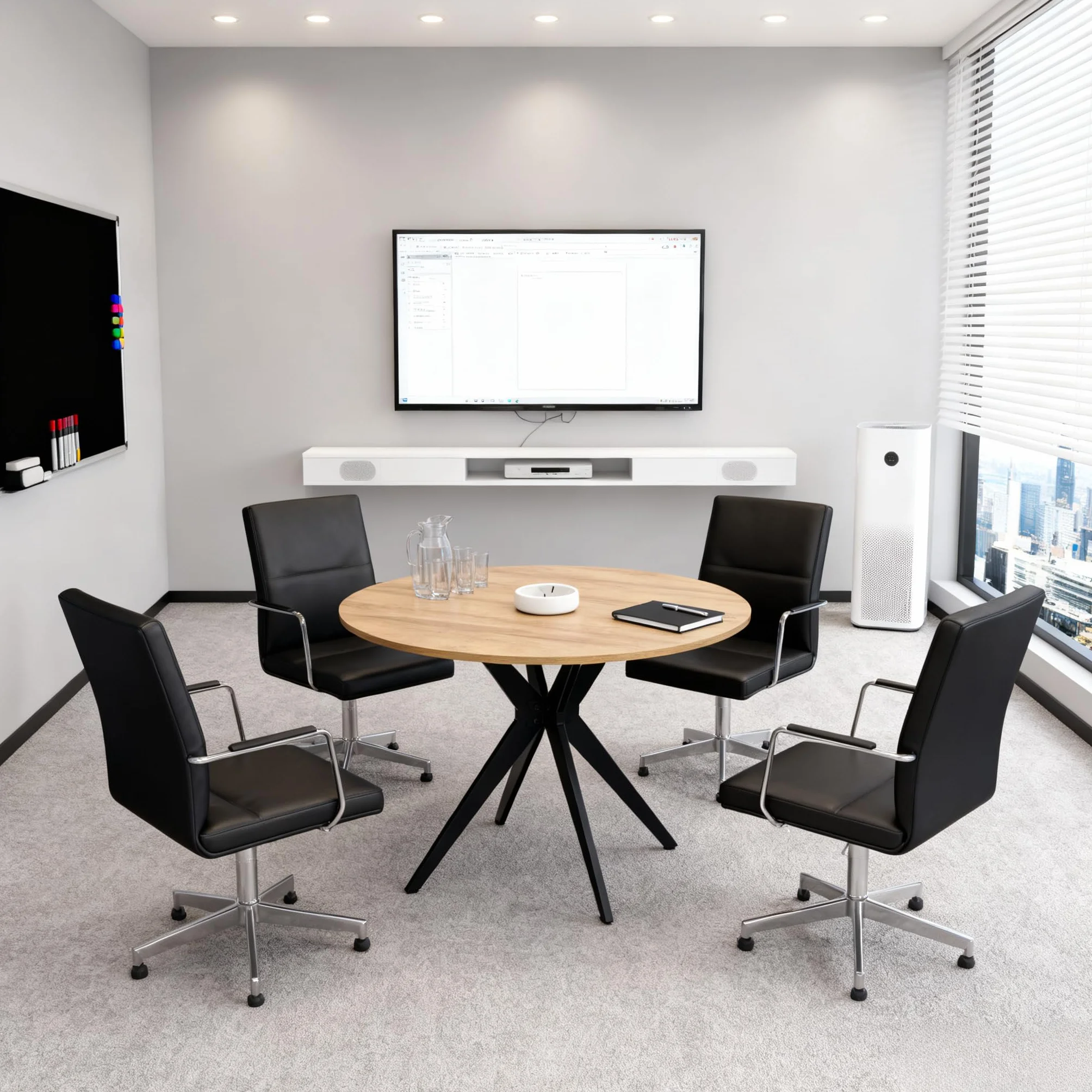 Tavolo da conferenza rotondo in rovere e nero, robusto, in legno e metallo, design compatto e professionale, ideale per riunioni di squadra in ufficio e progetti 100 x 100 x 75 cm