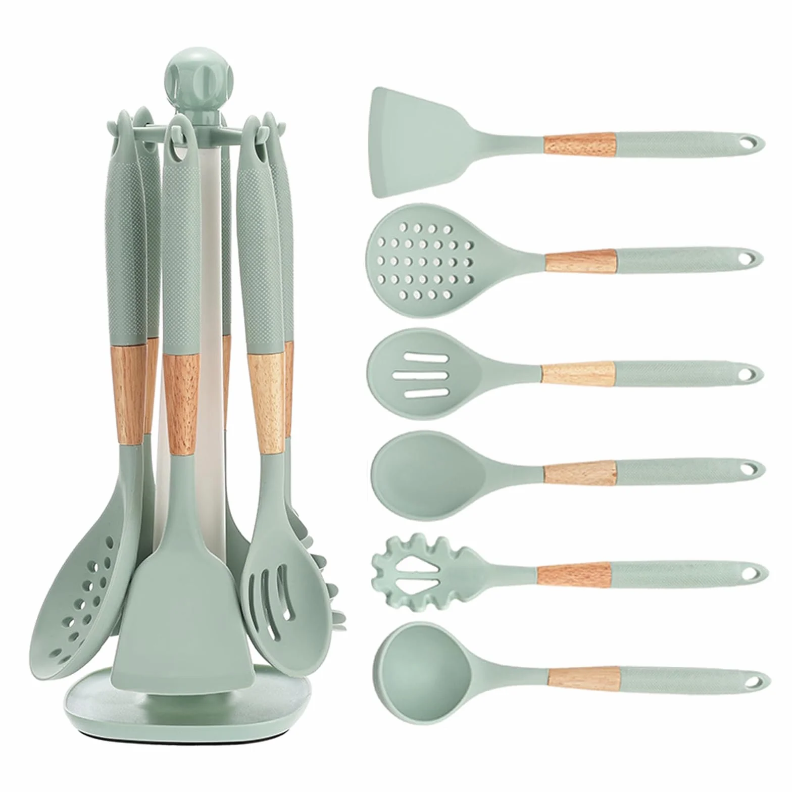 AVEKI Set di utensili da cucina in silicone 7 pezzi con supporto girevole resistenti al calore verde