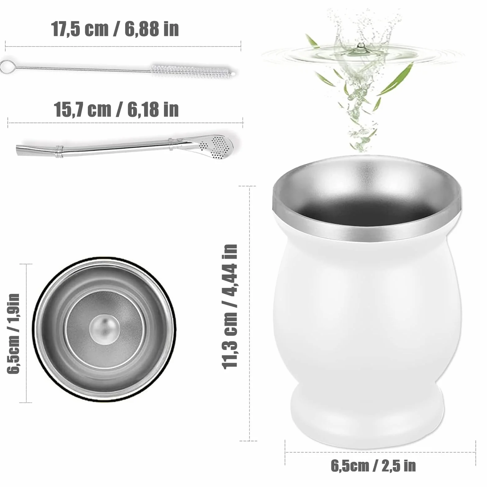 Yerba Mate Cup, Set di Tazze in Acciaio Inox a Doppia Parete 230 ml con Cannuccia e Spazzola, Bianco