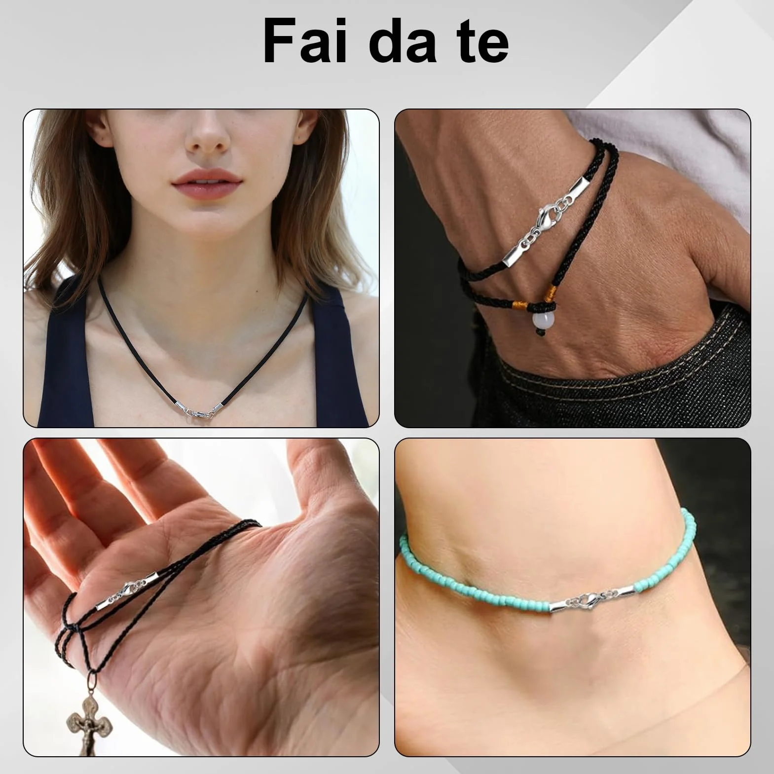 10 chiusure a catena in acciaio inox, accessori per gioielli fai da te, con fibbia a aragosta, adatti per cordini in pelle, collane, bracciali e altri gioielli (argento)