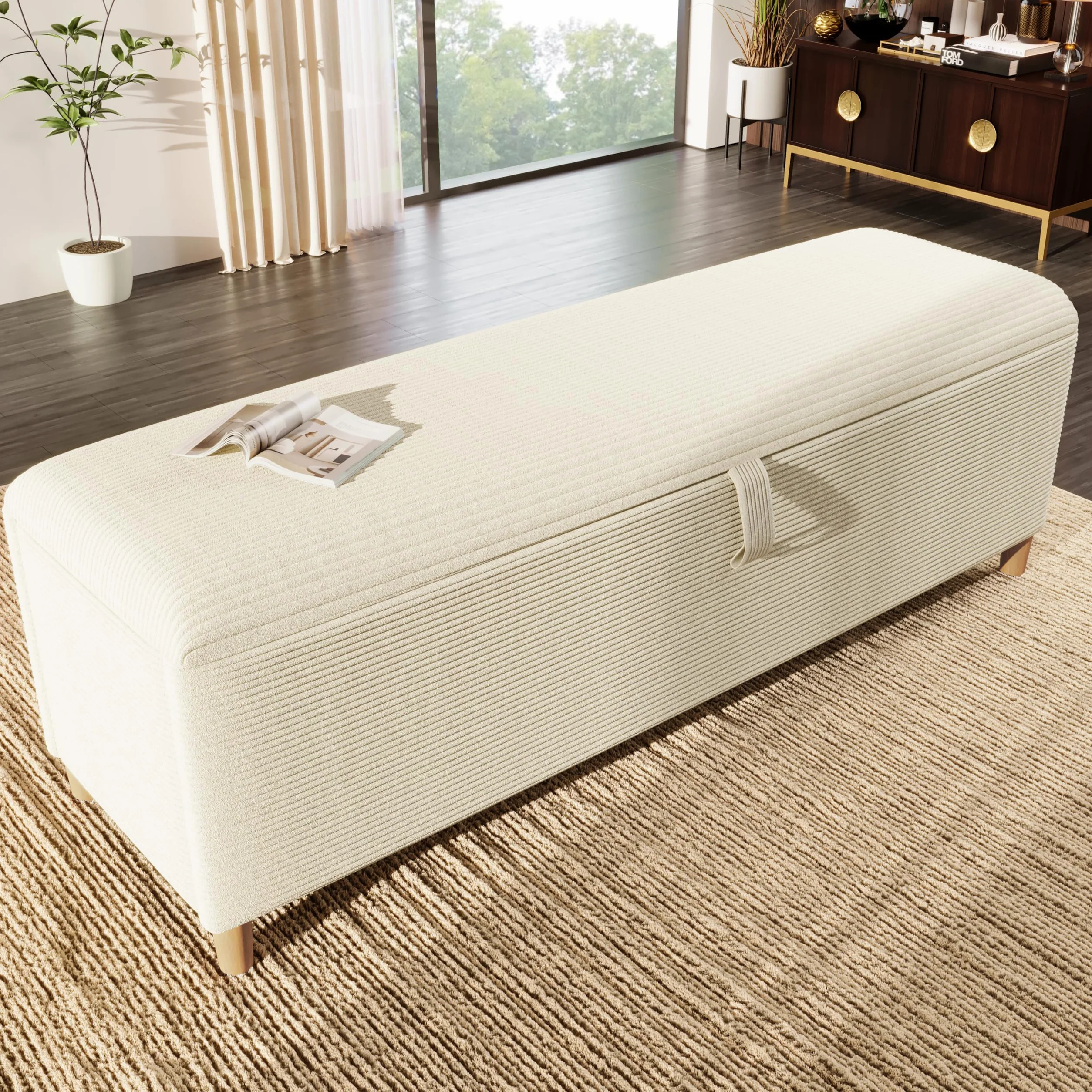 TIZZ Panca da letto 165 x 38 cm con spazio di archiviazione, panca imbottita con vano portaoggetti idraulico, adatta per camera da letto, soggiorno, corridoio, effetto cord beige