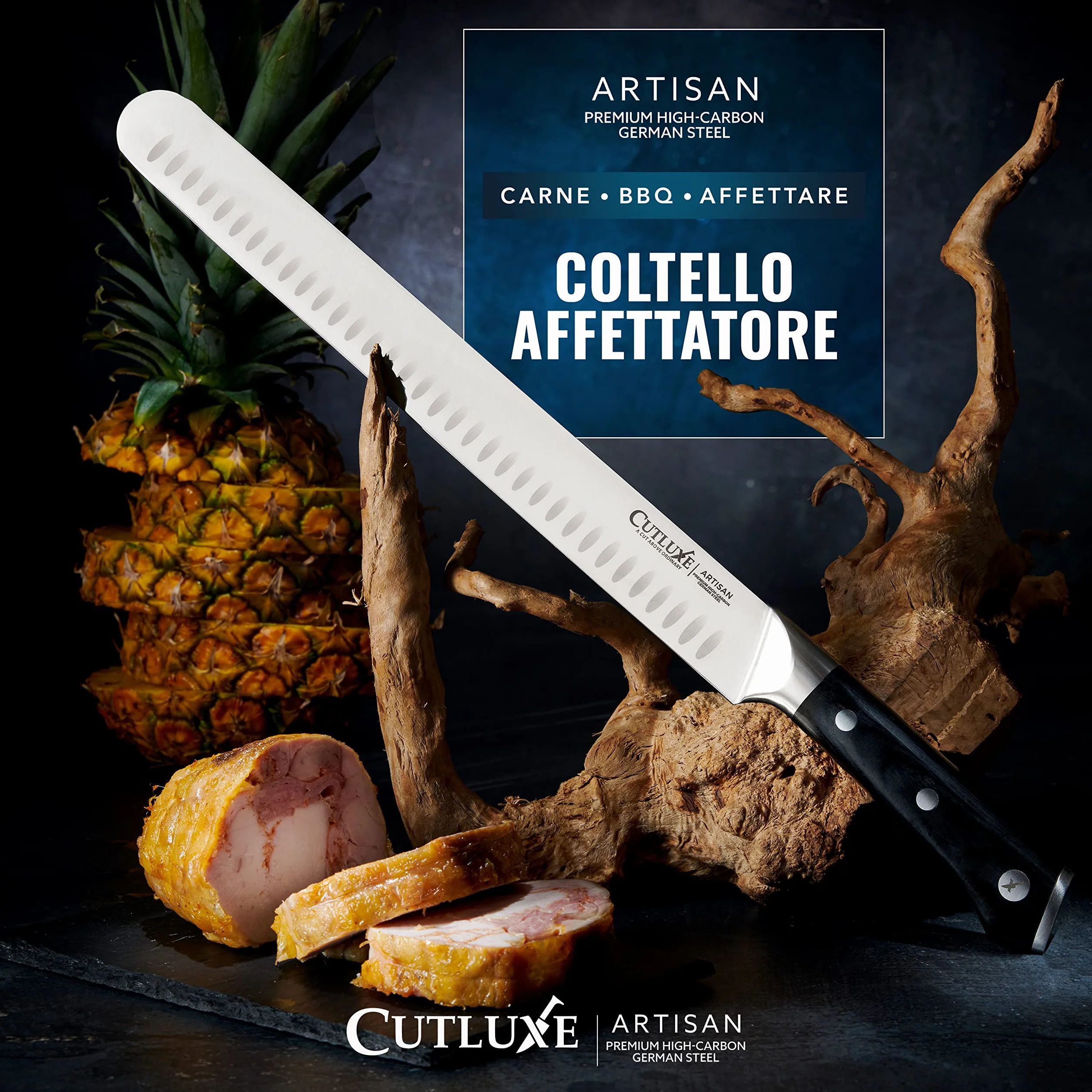 Cutluxe Coltello da Prosciutto Professionale - 30cm Coltello per Affettare Salumi e Carne - Acciaio al Carbonio, Lama Affilata e Resistente con fodero - Artisan Series