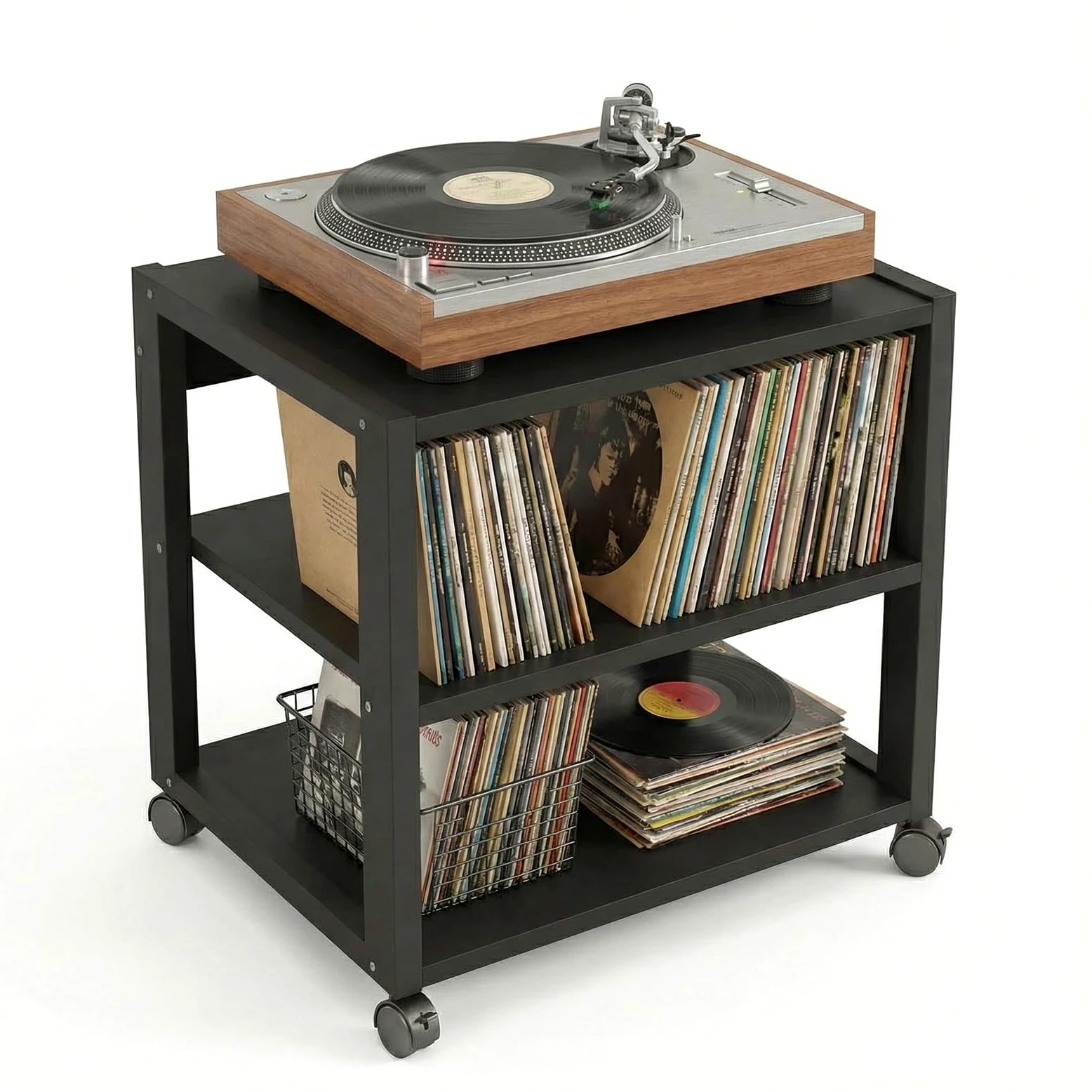 Mobile Hi-Fi Rack Audio con Ruote, Supporto Robusto a 3 Ripiani per Amplificatore, Giradischi e Stereo, Scaffale Porta Elettroniche in Metallo e Legno, Nero