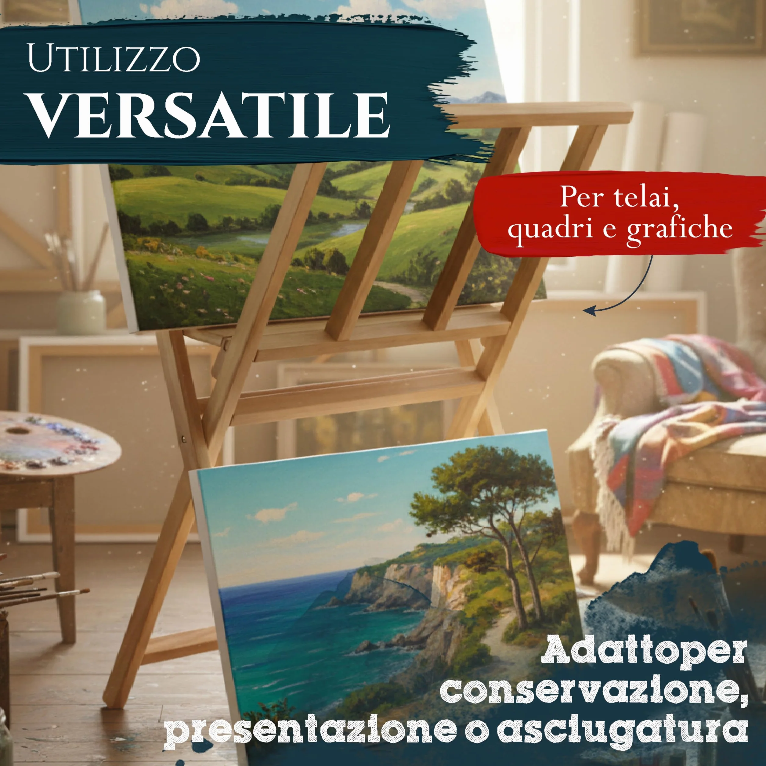 Artina Portatele portaquadri e porta poster - pregiato legno massello di faggio 65x48x71cm - per artisti e collezionisti