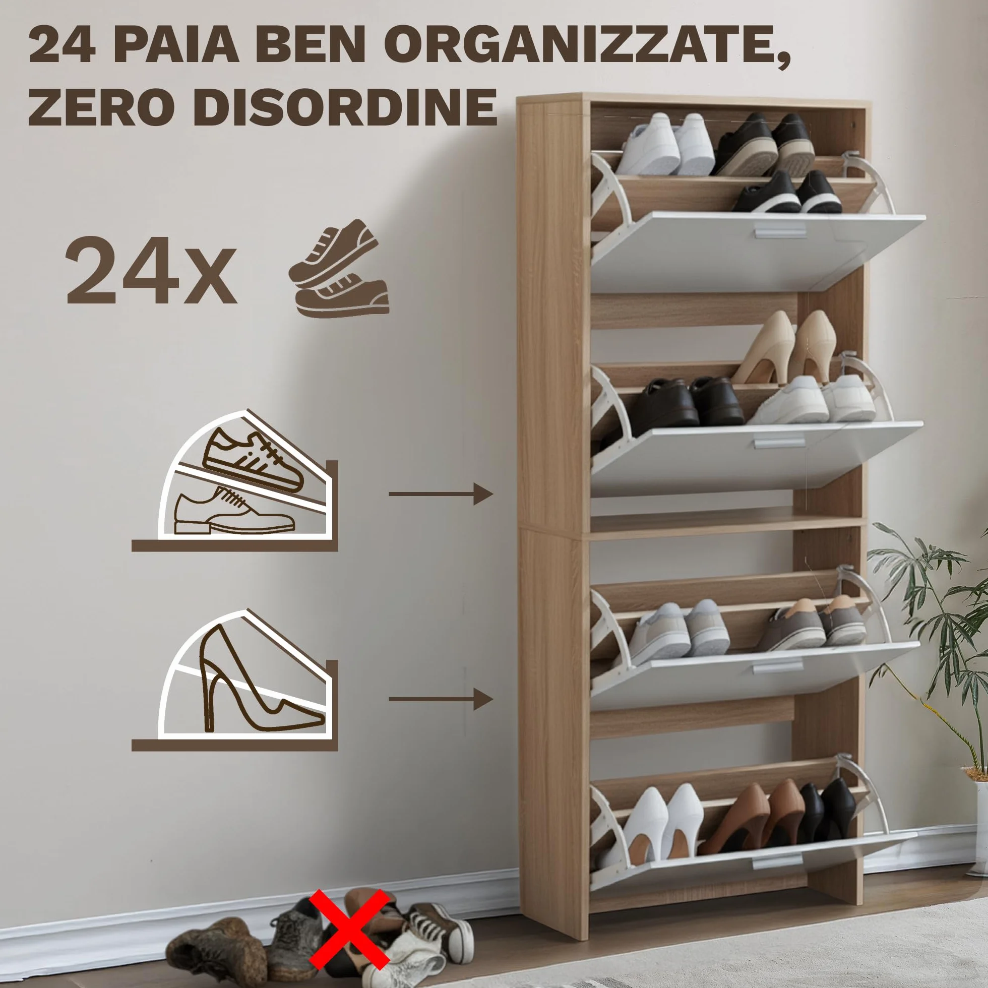 Scarpiera salvaspazio slim 60 cm legno bianco 4 ante 24 paia design moderno alto stretto