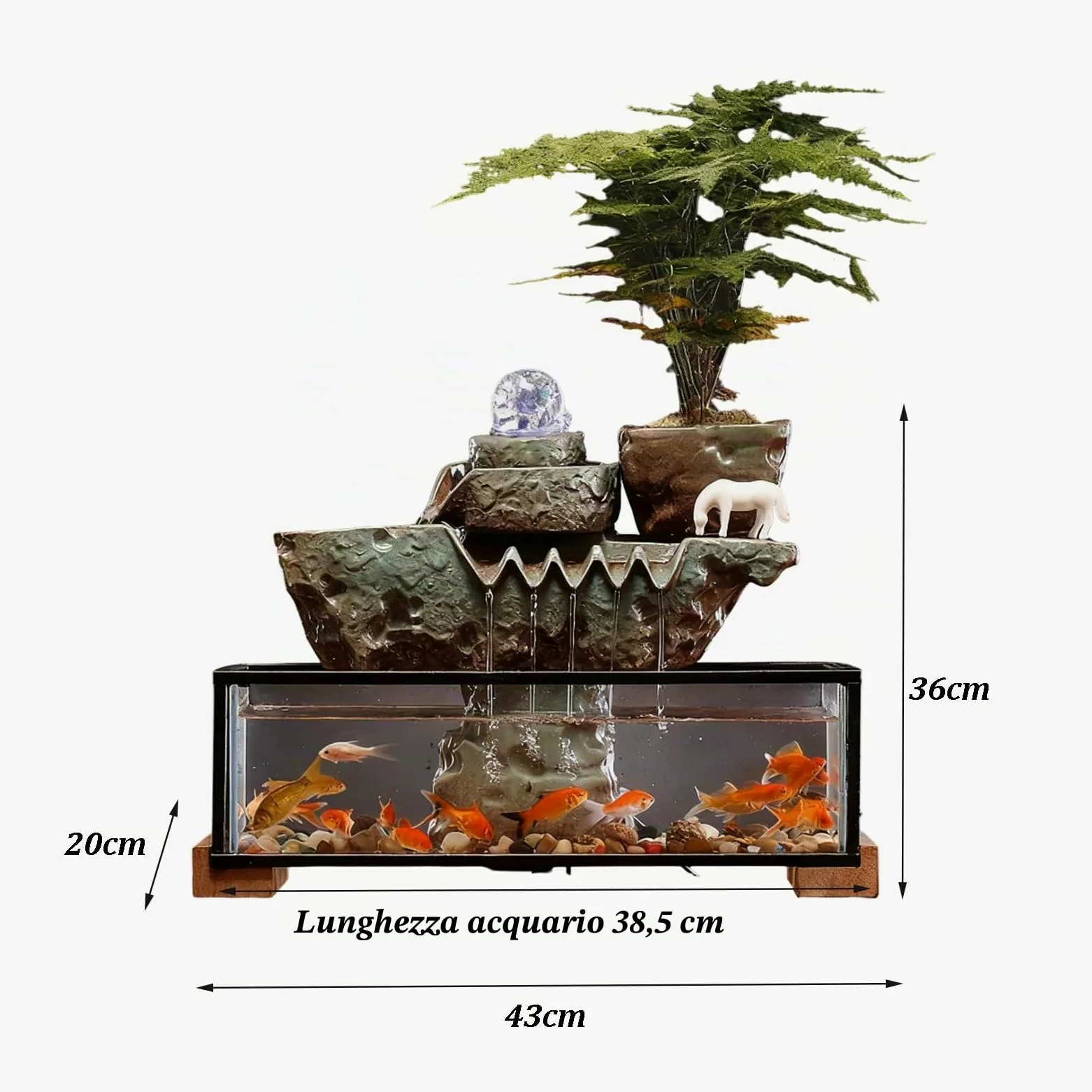 Fontana d'acqua da tavolo con ciotola per pesci e base in legno, relax zen per interni per casa e ufficio