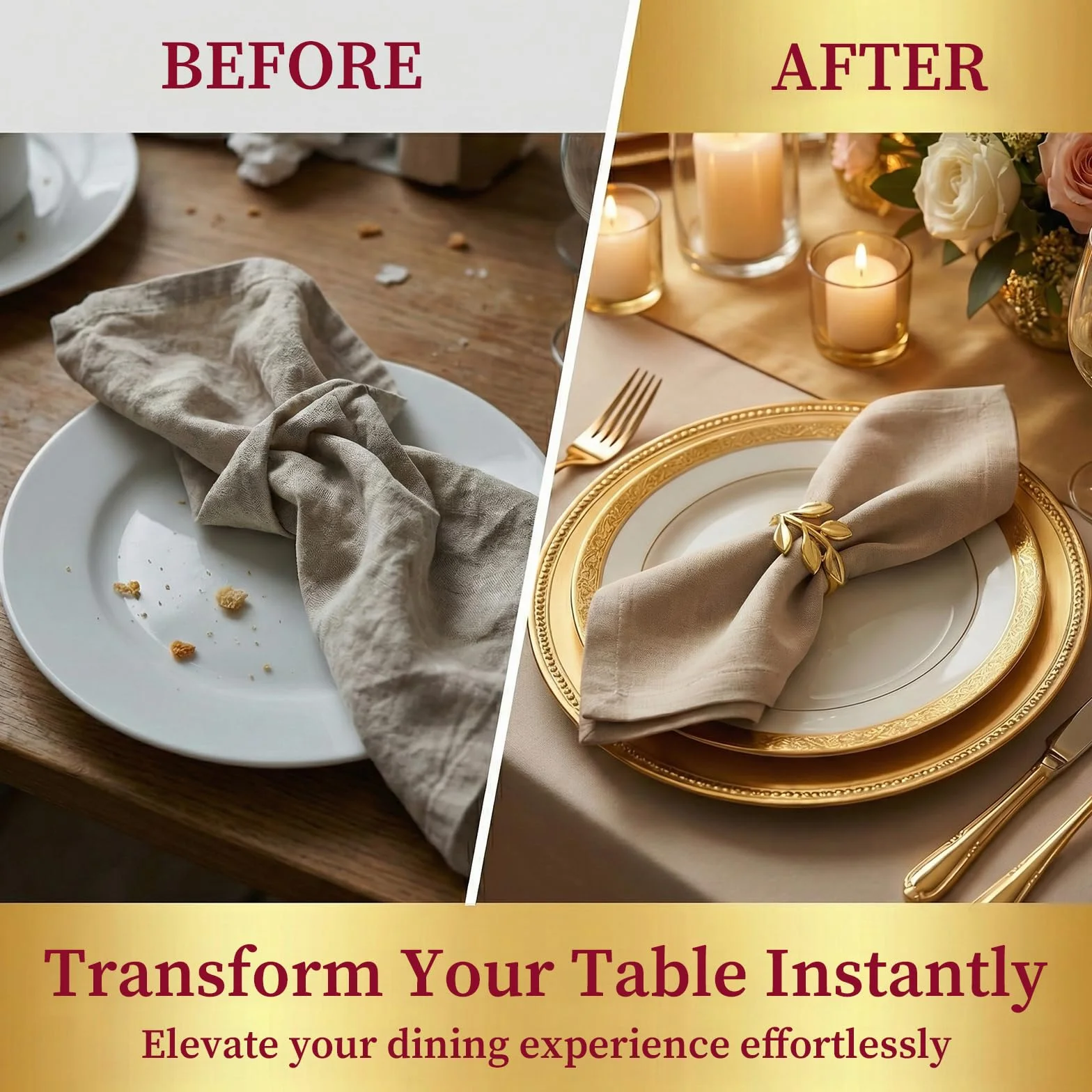 20 Portatovaglioli Oro Metallici, Porta Anelli Elegante, Decorazione Tavolo Matrimonio Ramadan Natale