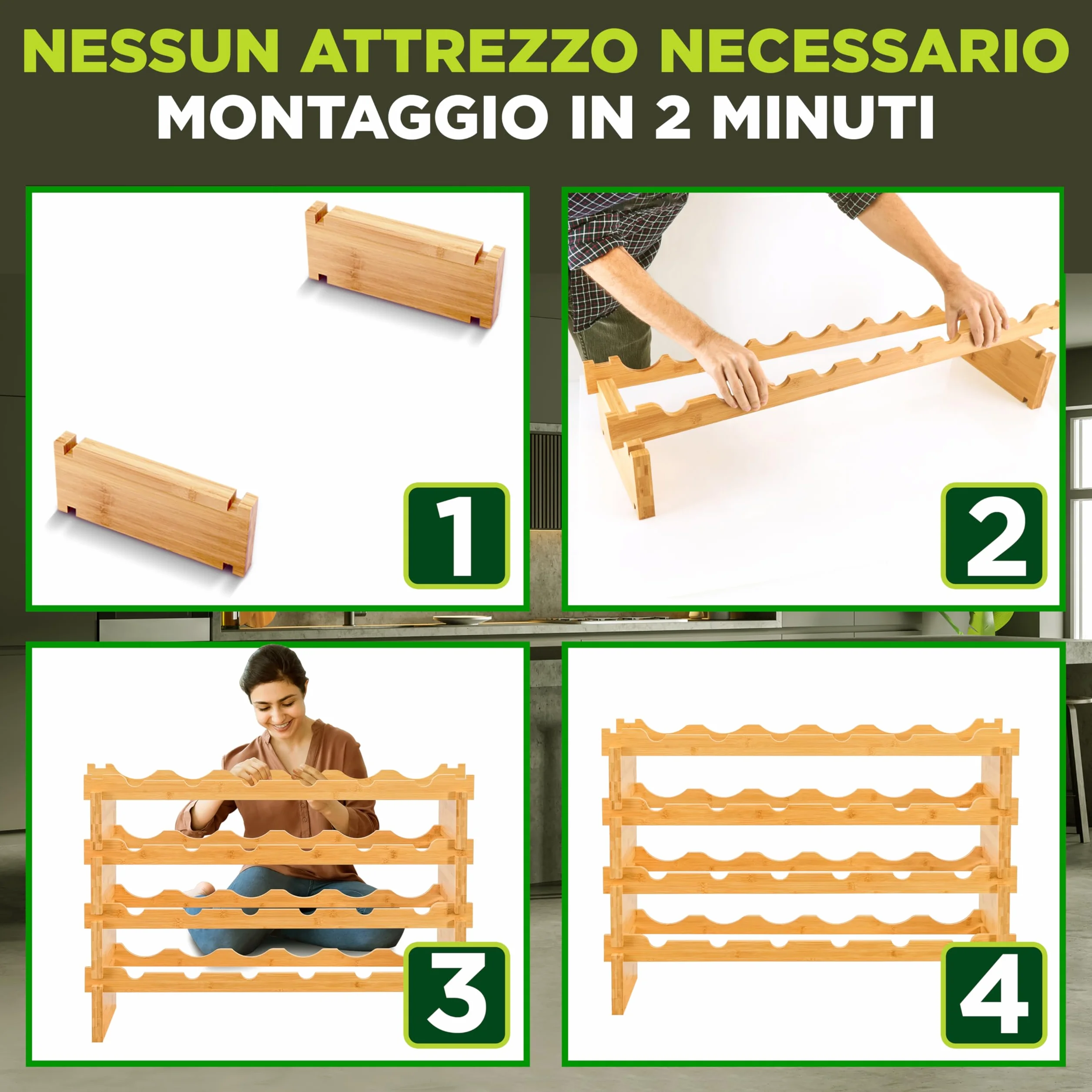 NutriChef Portabottiglie Vino Modulare in Bambù, Cantinetta Vino Legno Impilabile a 4 Ripiani per 24 Bottiglie Formato Magnum (Diametro 10 cm), Design a Croce 2x