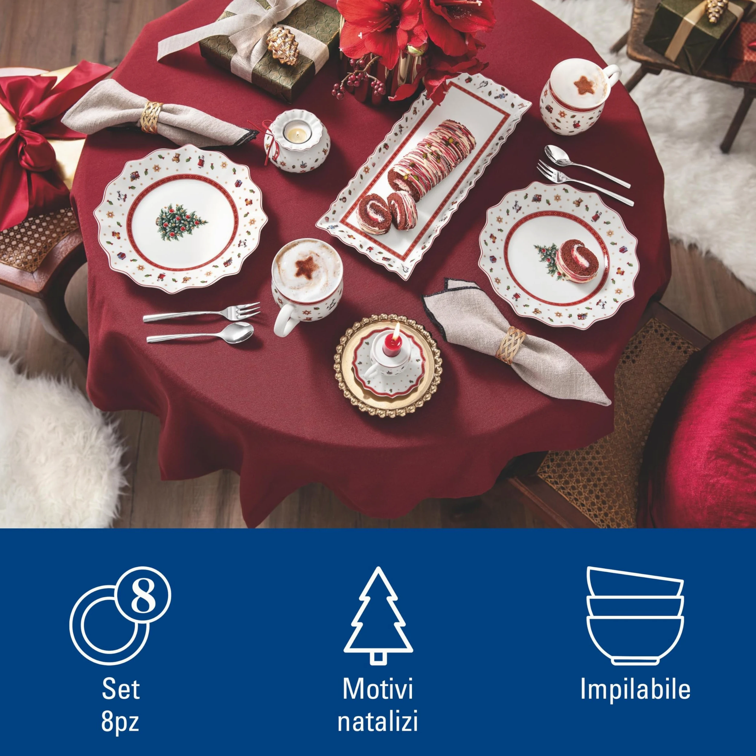 Villeroy & Boch - Toy's Delight Dinner Set 8 Pezzo Rosso,Bianco, Adatto per Microonde, Piatto Ceramica Natale, Decorazione Natalizie, Set di Stoviglie, Servizio, Porcellana Premium