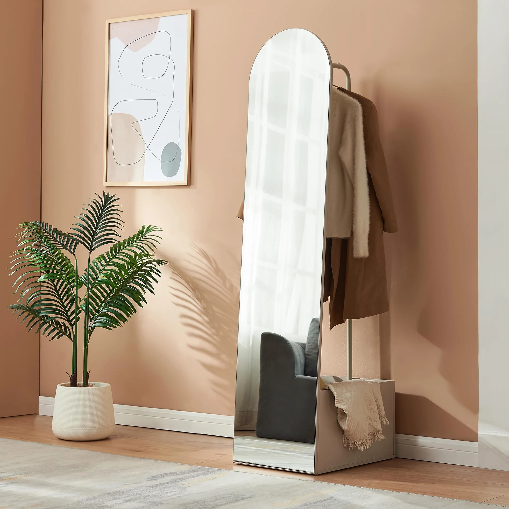 [en.casa] Specchio a Figura Intera con Stand Barra Appendiabiti Specchio Ovale da Terra Vano Porta Oggetti Vestiti Cappotti per Ingresso Camera da Letto Guardaroba 165x40x51 cm - Avena Oatmeal
