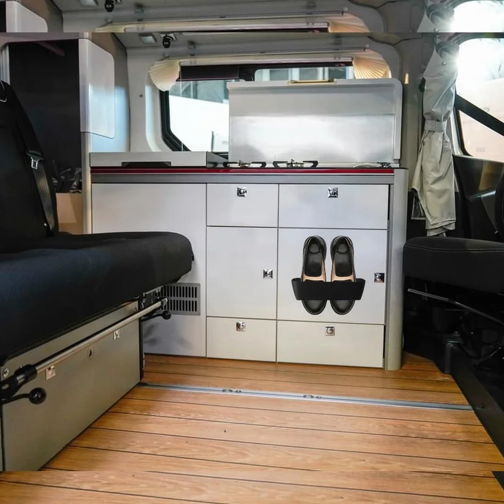 DASIAUTOEM Portascarpe da parete per camper, autoadesivi o per forare, organizer per scarpe da campeggio e camper, appendini per scarpe, mensola da parete in plastica, nero, set da 4 pezzi
