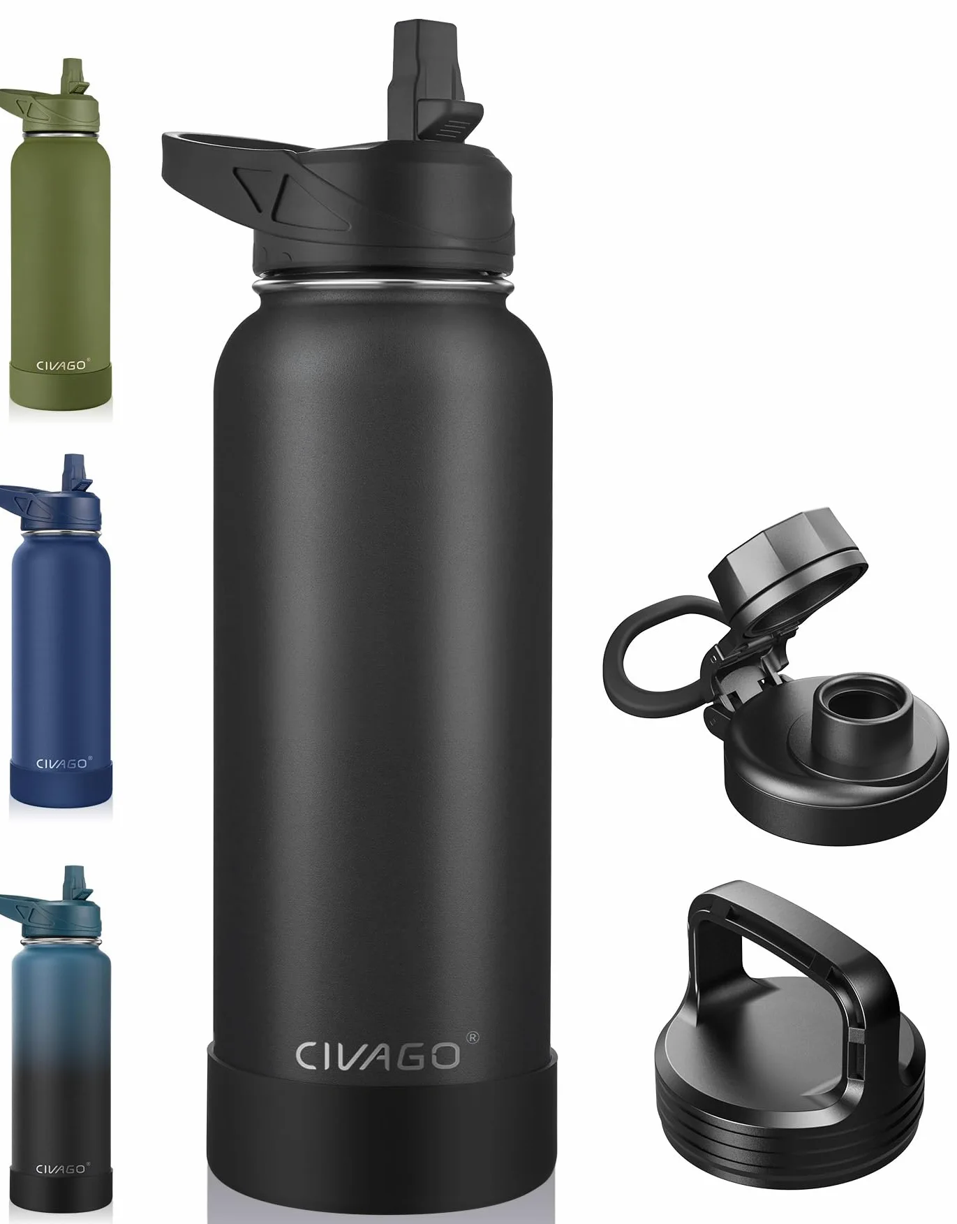 CIVAGO Borraccia termica con cannuccia, in acciaio inox, con 3 coperchi (cannuccia, beccuccio e coperchio con manico), a doppia parete, da viaggio, colore nero notte