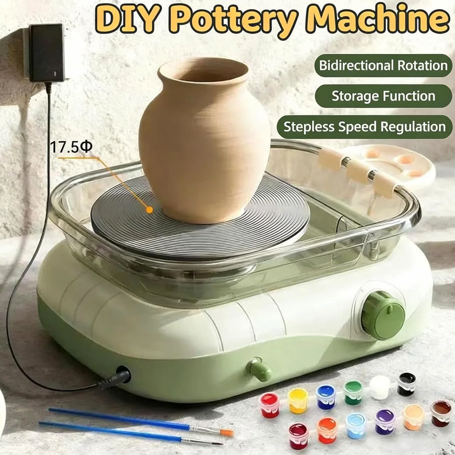 Macchina elettrica in ceramica con velocità inversa e regolabile, 17,5 cm, per argilla, facile da pulire e scolpire, per principianti e hobbisti