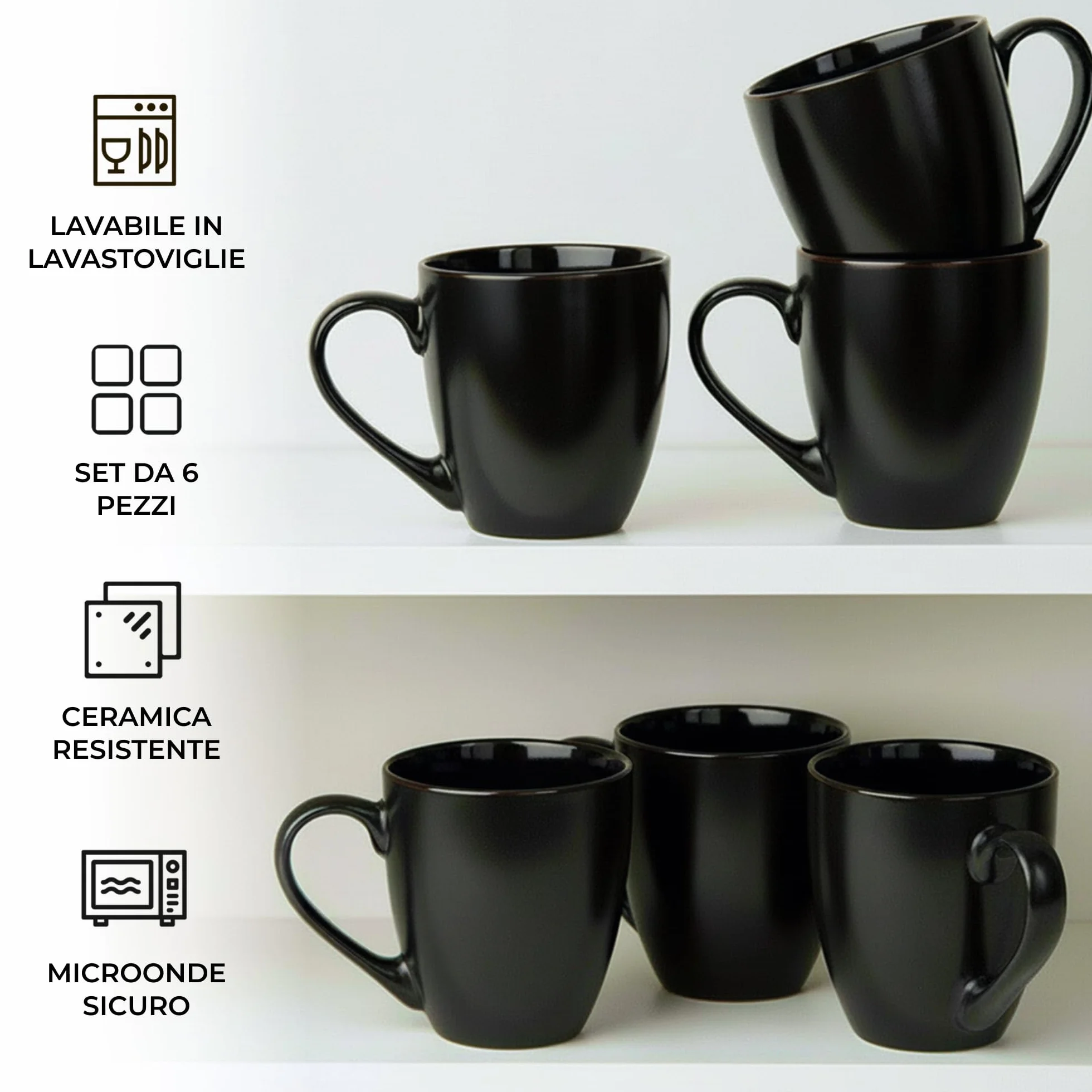 MIAMIO Le Papillon Collezione Set di Tazze da Caffè 6 x 350 ml Nero