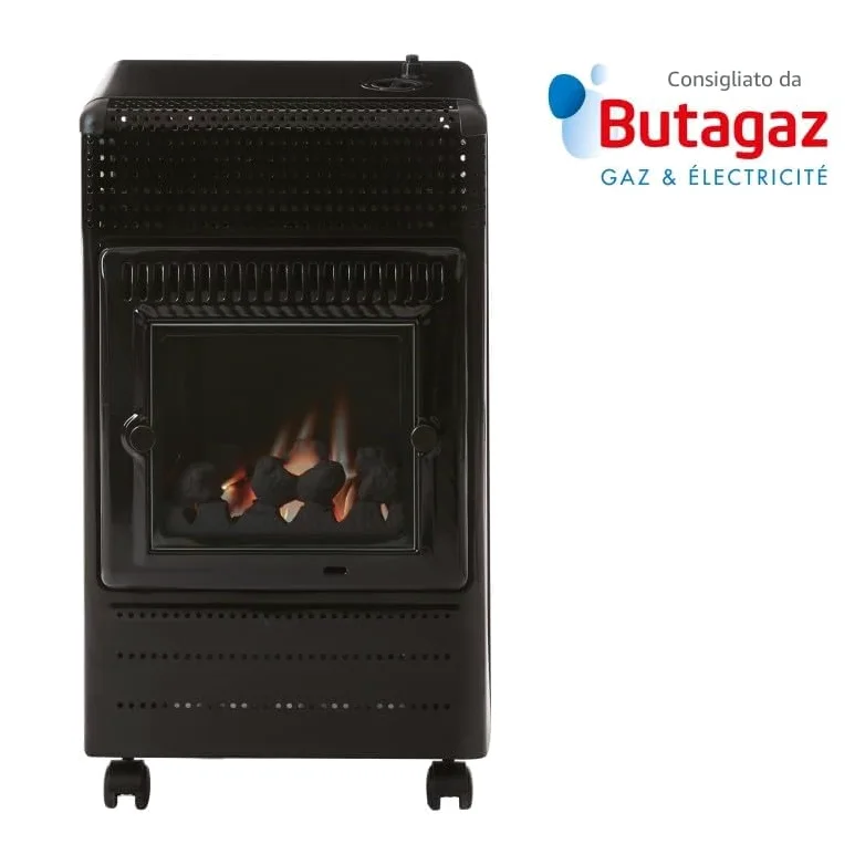 FAVEX - Riscaldatore supplementare a gas Ektor Fire – Pronto all’uso con tubo e riduttore – Interno – Infra Blu effetto fuoco da caminetto – 3 potenze – fino a 35 m² – Nero