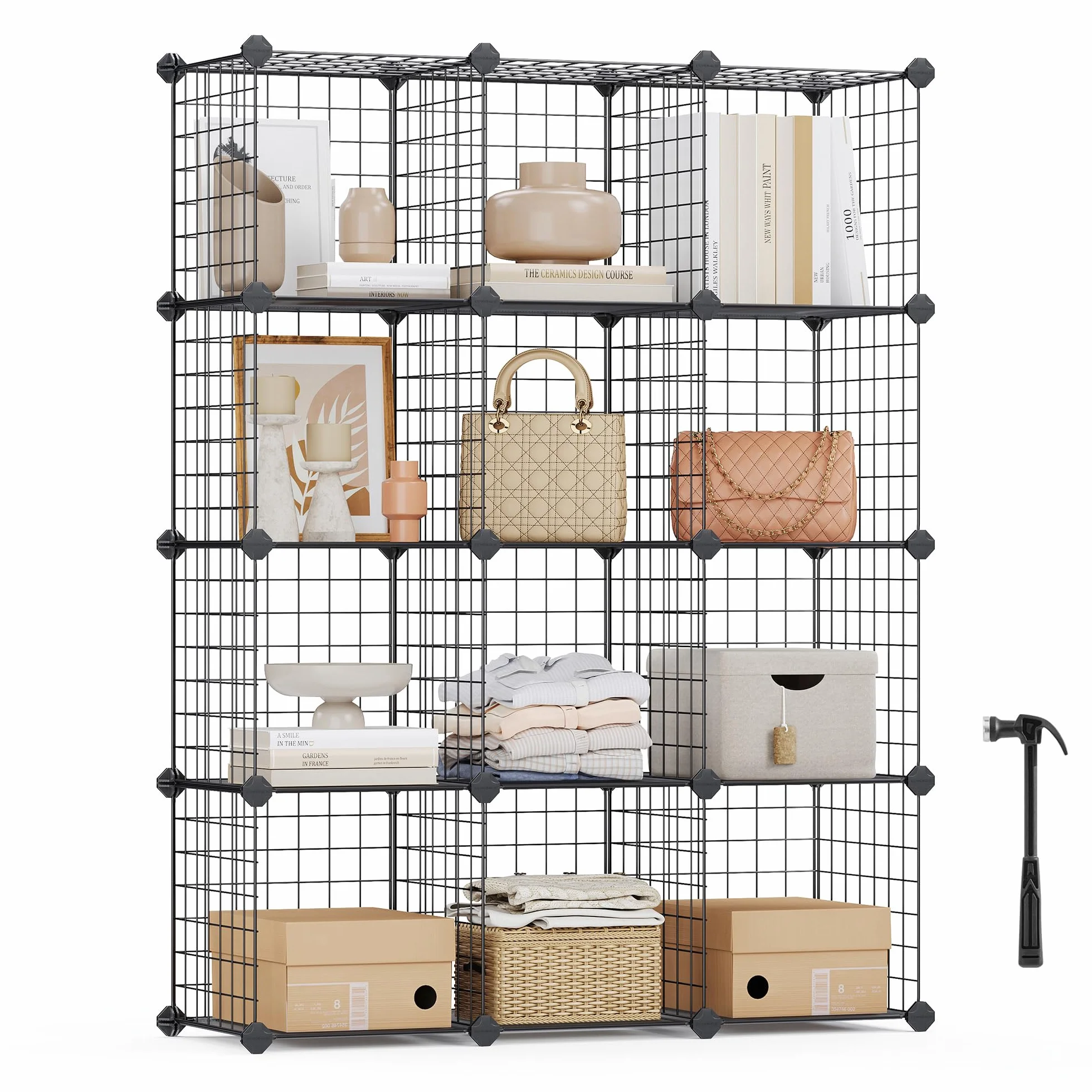 SONGMICS Scaffale a 12 Scomparti Griglia Metallica, Organizzatore Modulare, 31 x 93 x 123 cm, Nero LPI34H